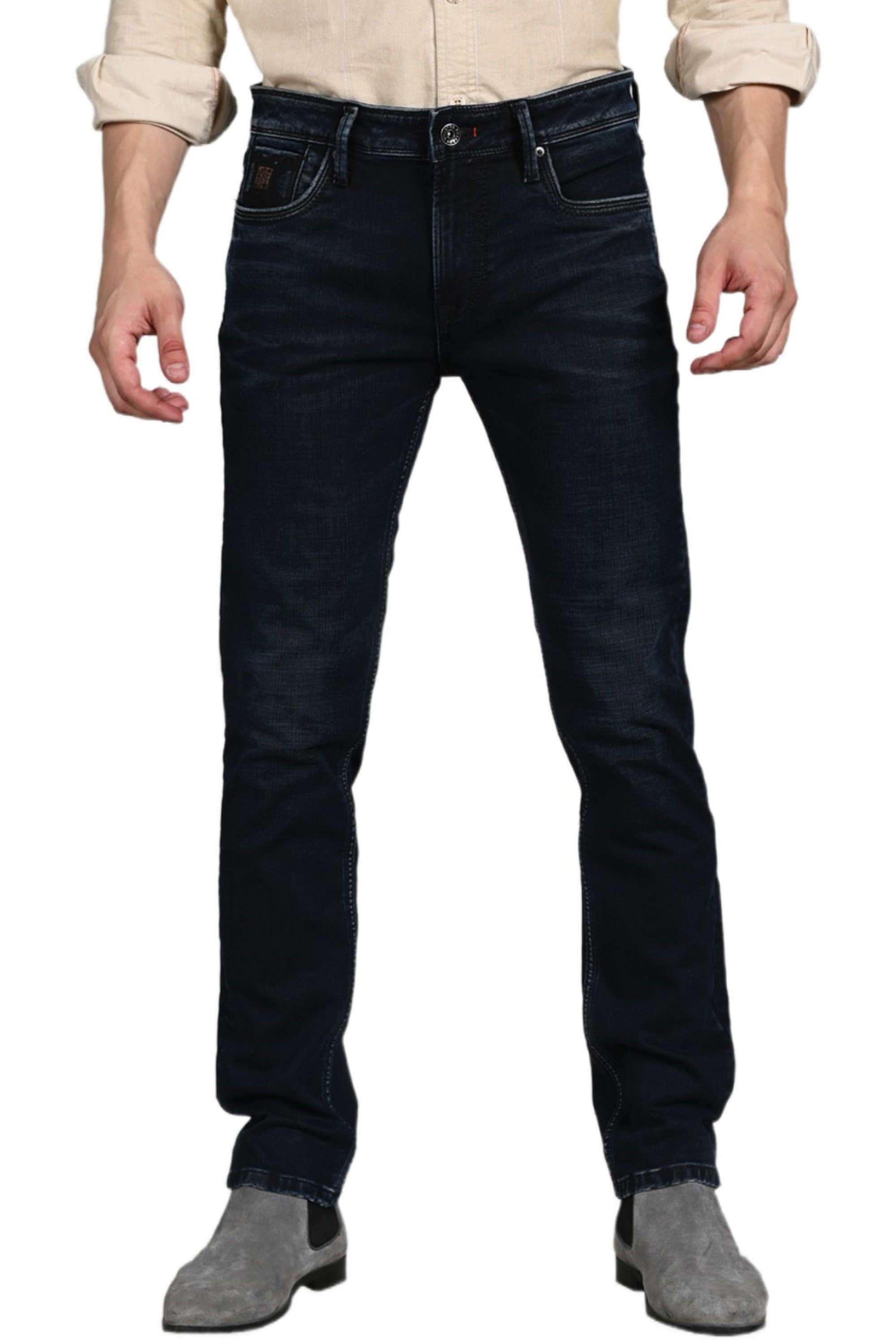 Solid-Polyester-Cotton-Tapered-Fit-Men-s-Jeans