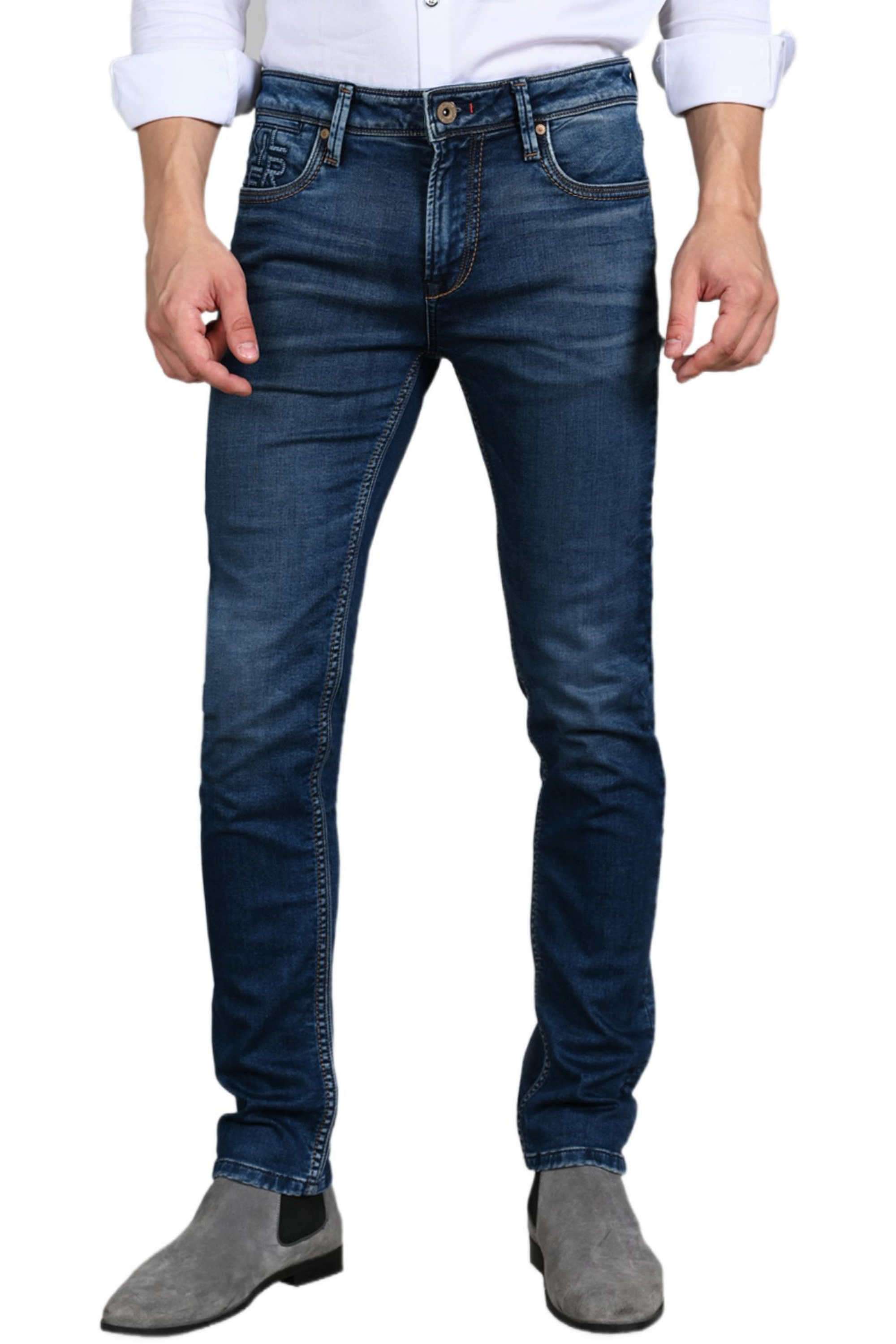 Solid-Cotton-Blend-Tapered-Fit-Men-s-Jeans