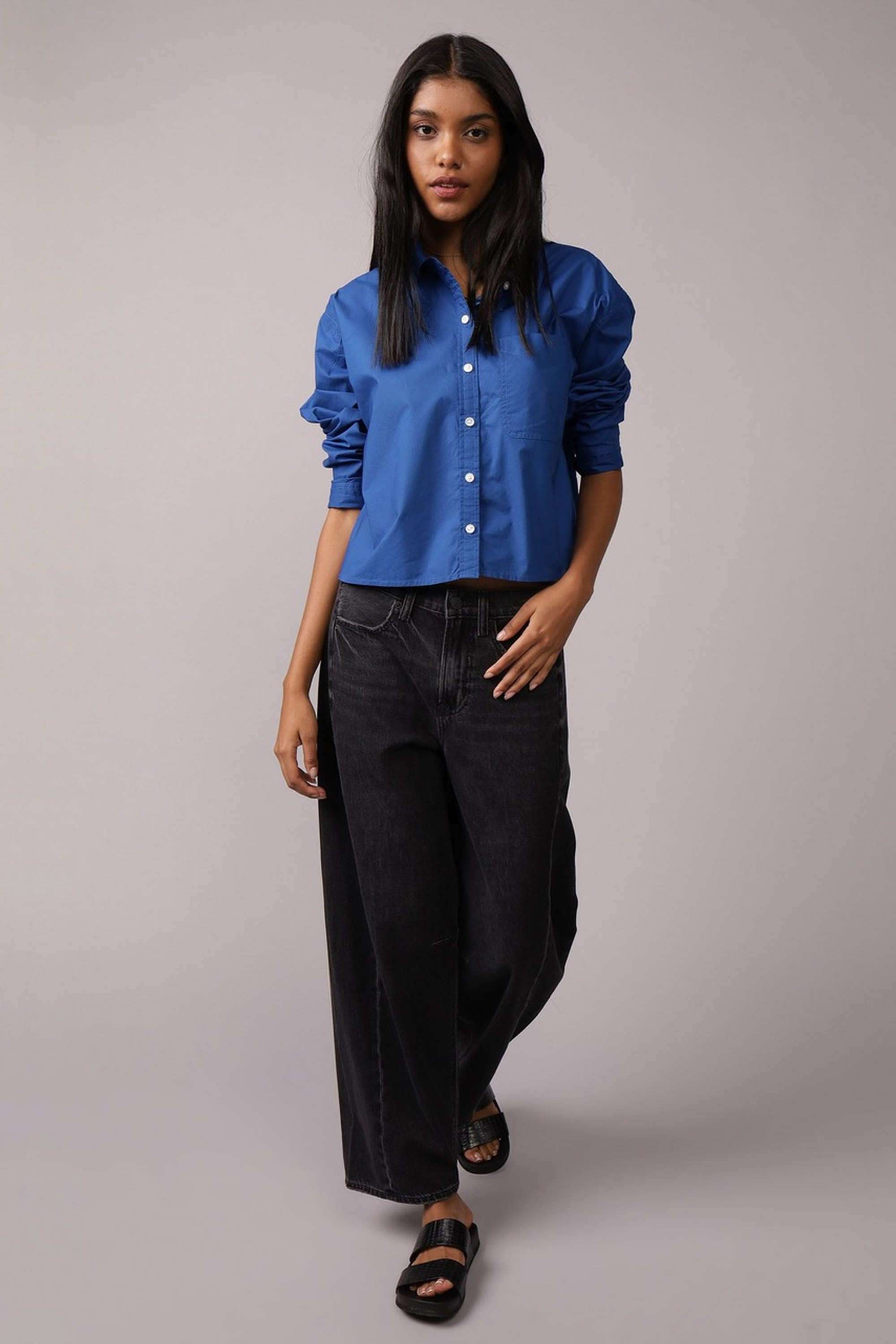 Solid-Collared-Blended-Fabric-Women-s-Casual-Shirt