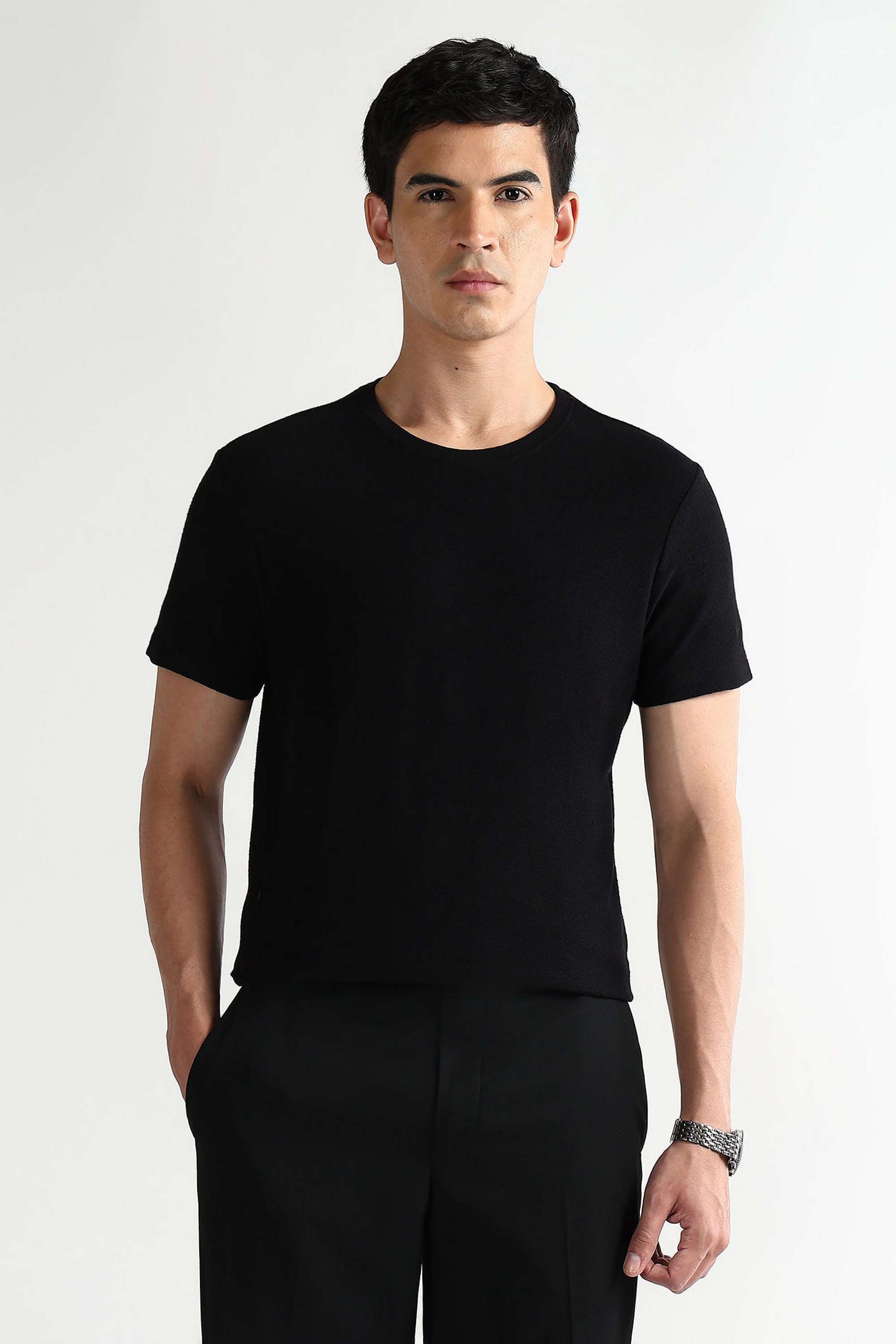 Solid-Polyester-Cotton-Round-Neck-Men-s-T-Shirt