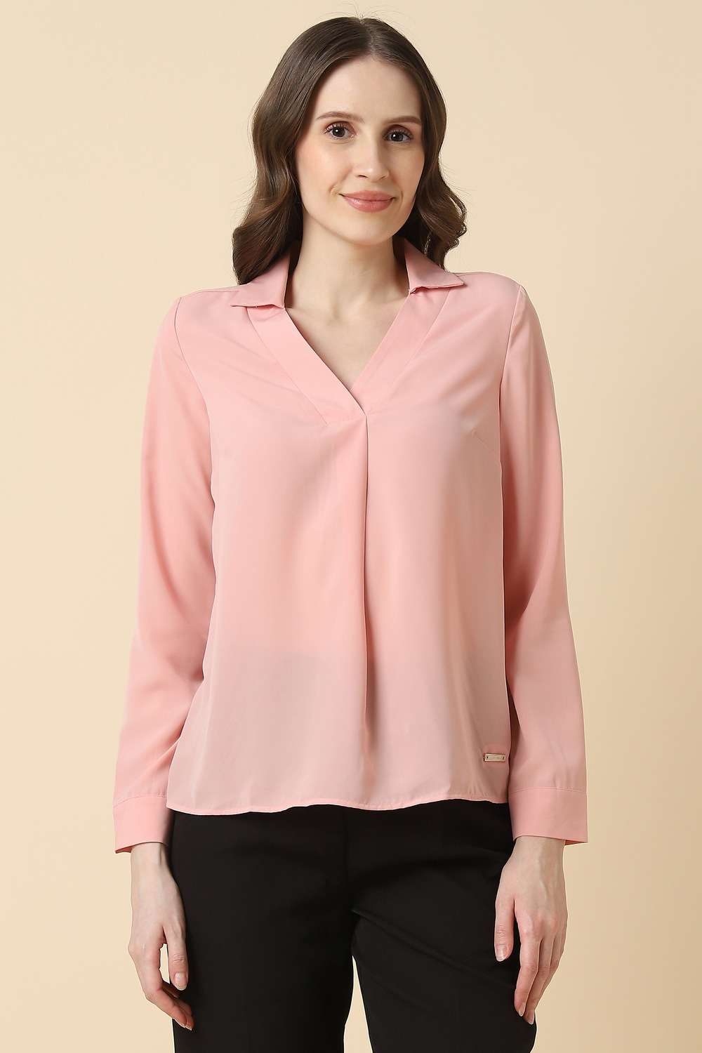 Solid-Polyester-Round-Neck-Women-s-Top
