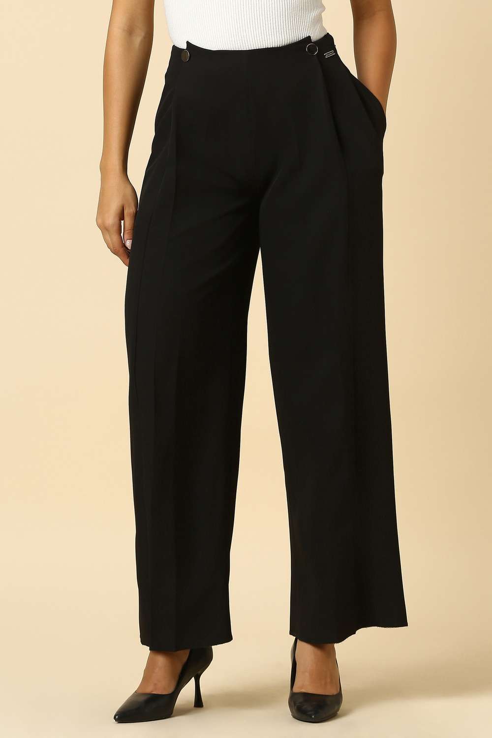 Solid-Blended-Fabric-Regular-Fit-Women-s-Trousers