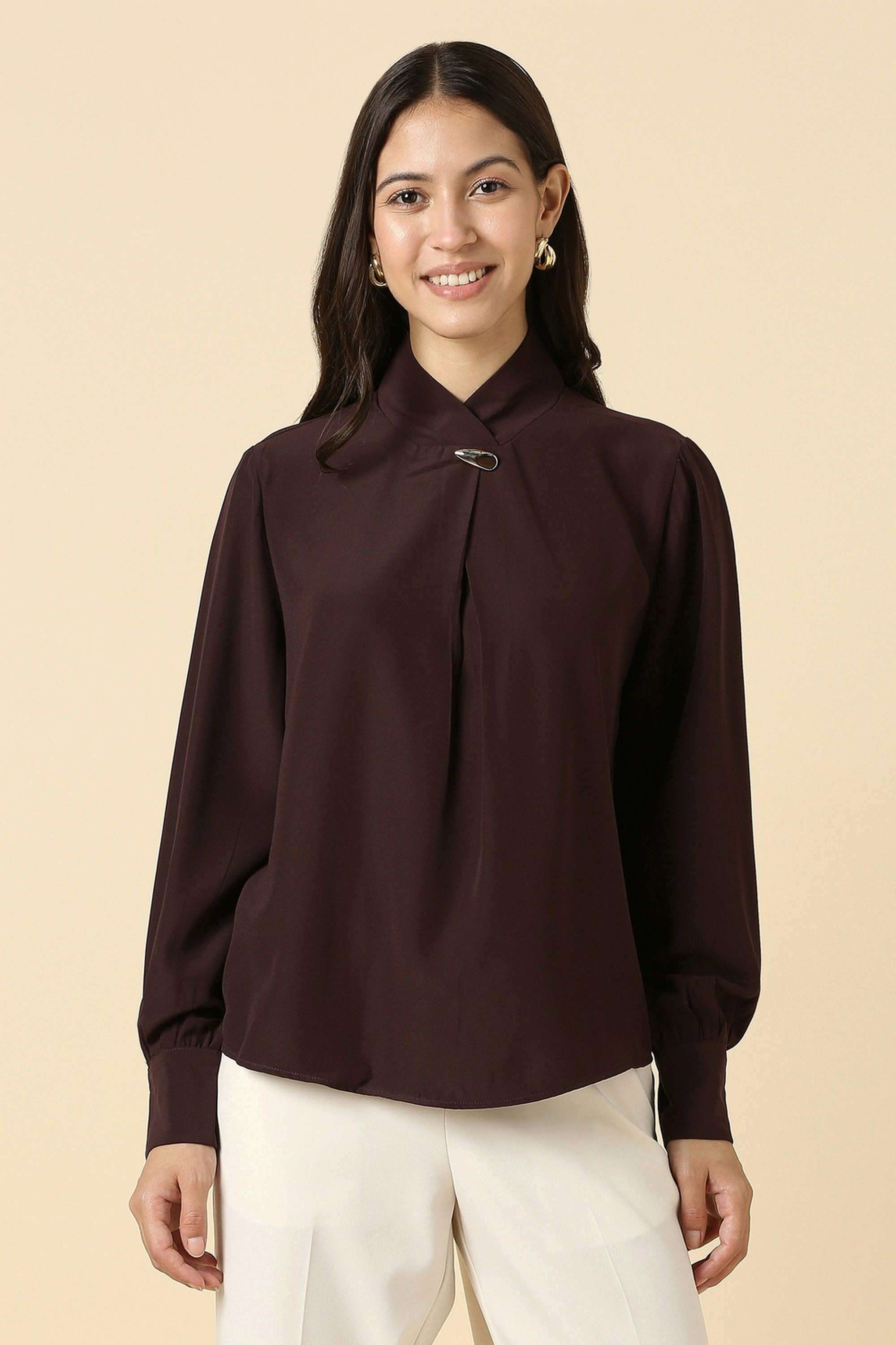 Solid-Polyester-High-Neck-Women-s-Top