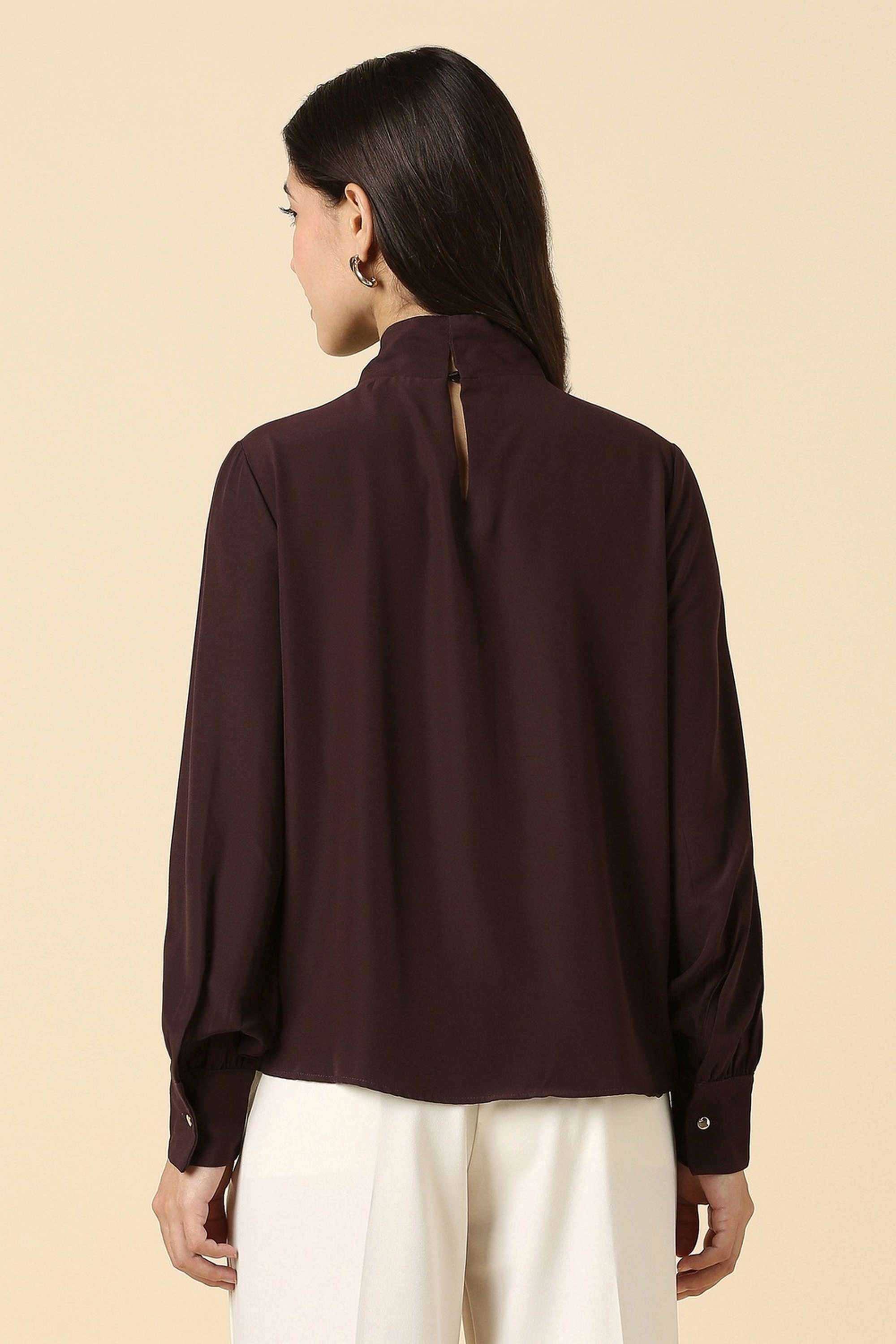 Solid-Polyester-High-Neck-Women-s-Top