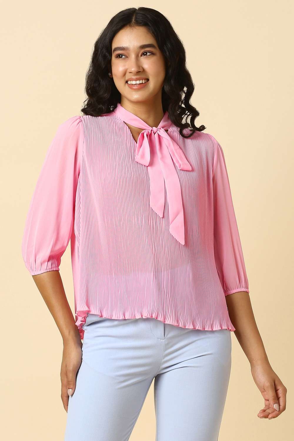 Solid-Polyester-Tie-Up-Neck-Women-s-Top