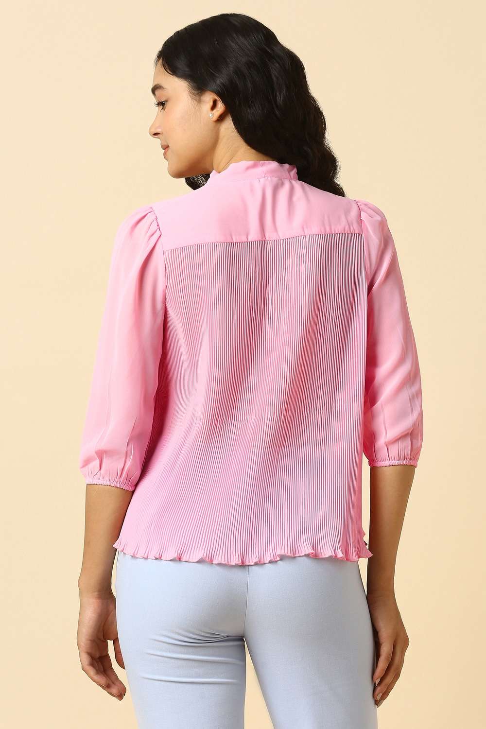 Solid-Polyester-Tie-Up-Neck-Women-s-Top