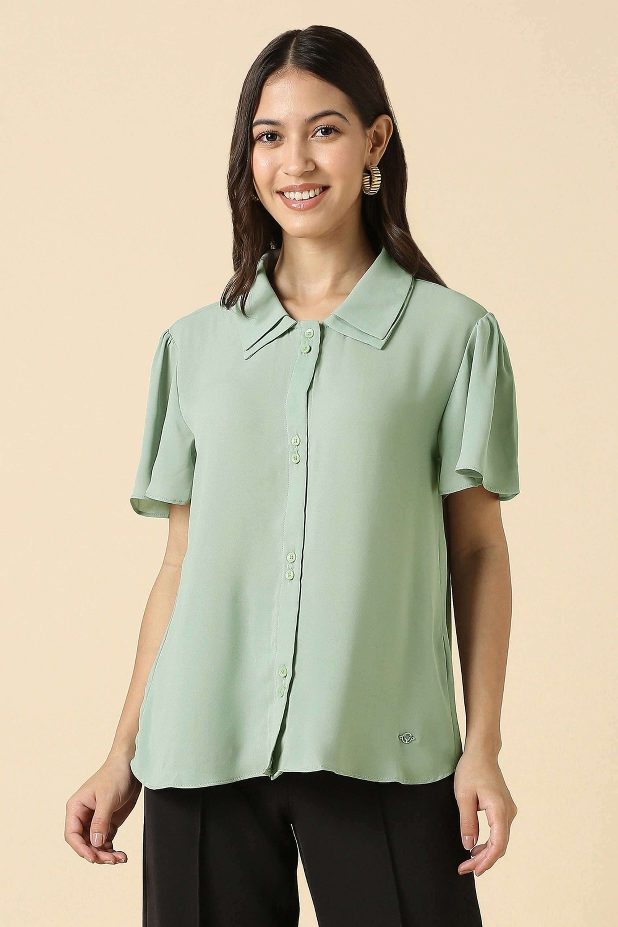 Solid-V-Neck-Polyester-Women-s-Casual-Wear-Shirt