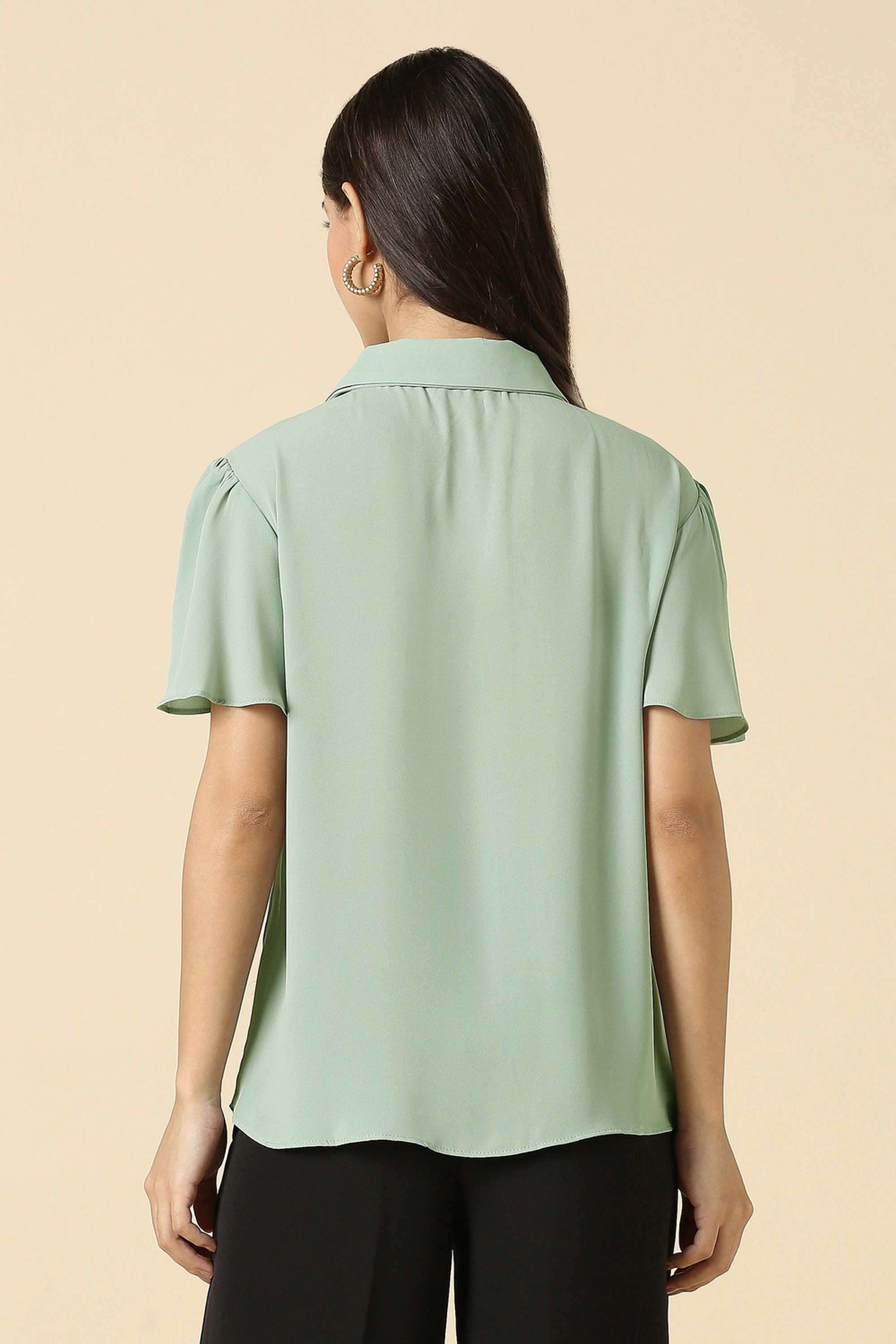 Solid-V-Neck-Polyester-Women-s-Casual-Wear-Shirt