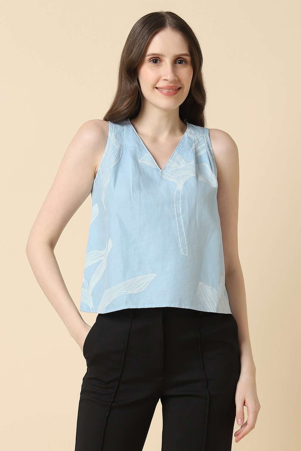 Printed-Blended-Fabric-V-Neck-Women-s-Top