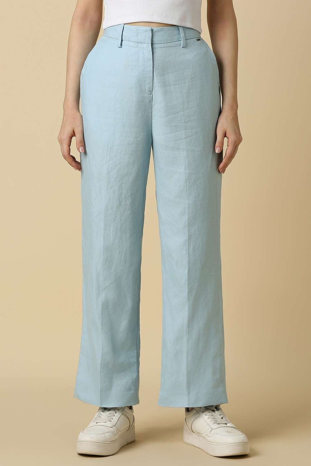 Solid-Blended-Fabric-Regular-Fit-Women-s-Trousers