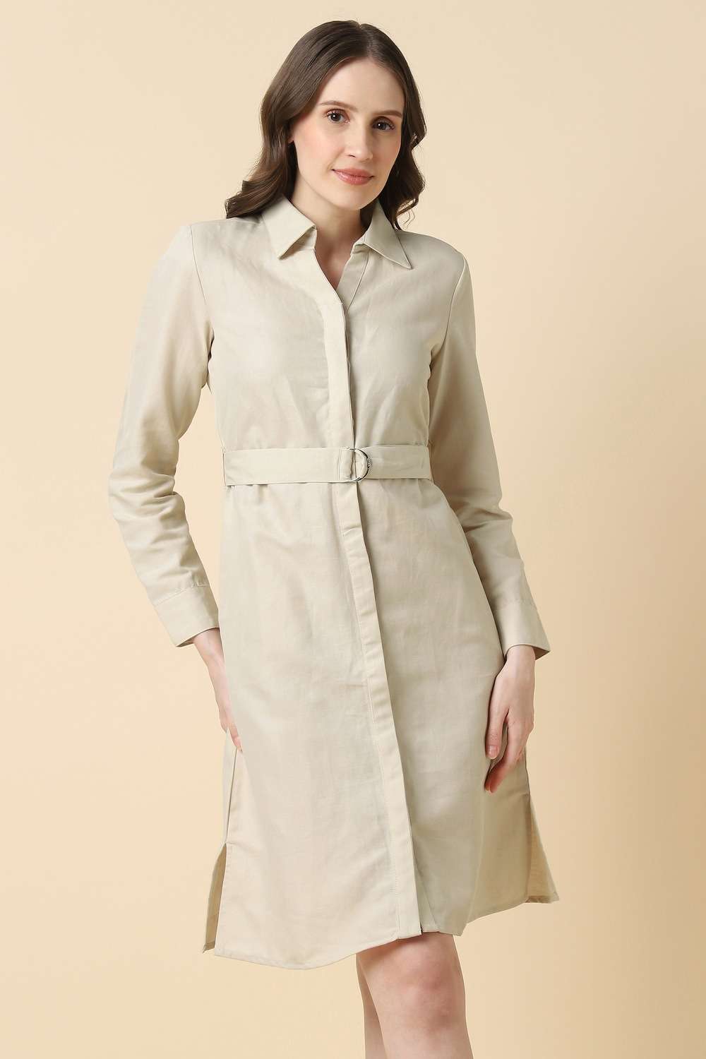 Solid-Blended-Fabric-Collared-Women-s-Knee-Length-Dress