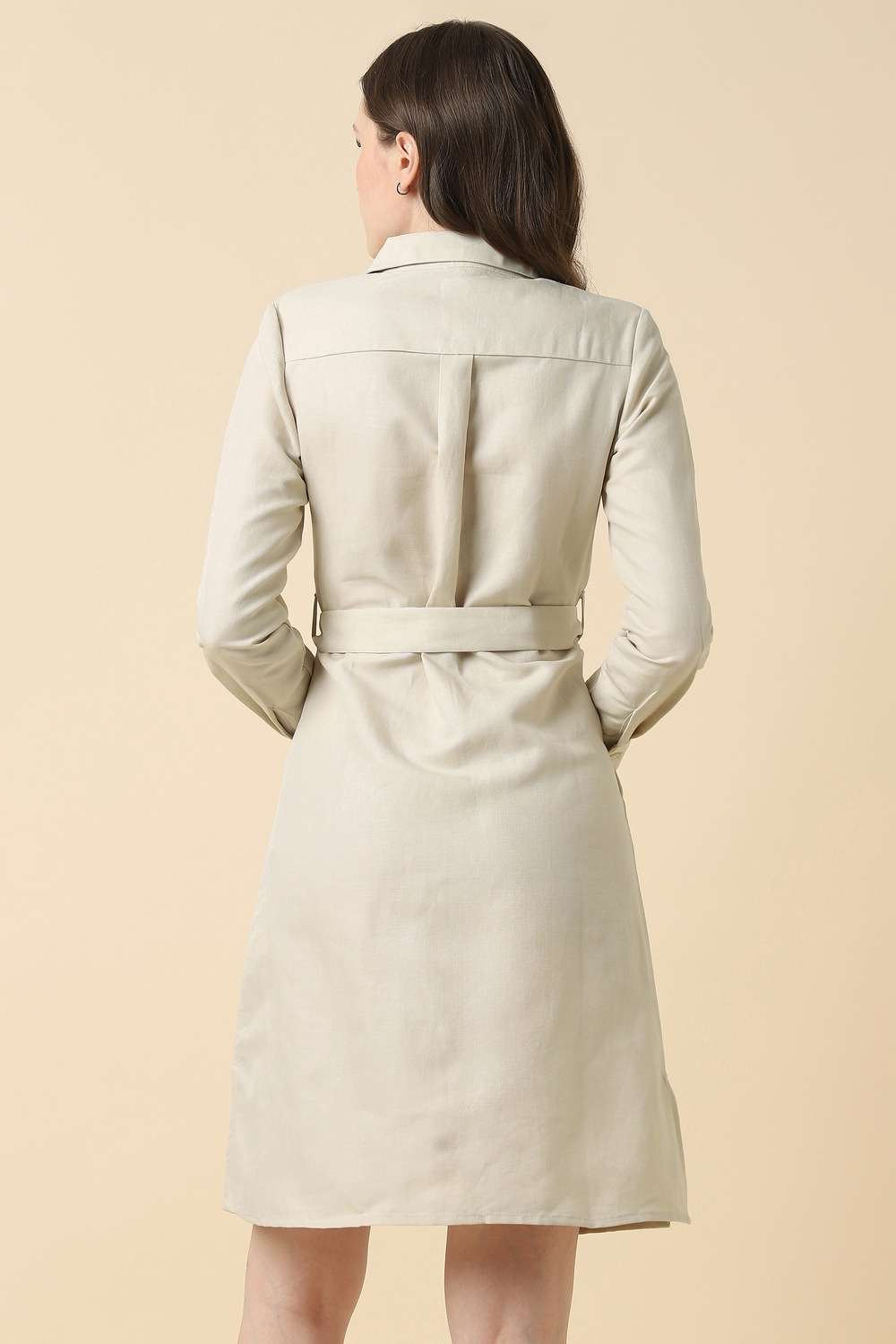 Solid-Blended-Fabric-Collared-Women-s-Knee-Length-Dress