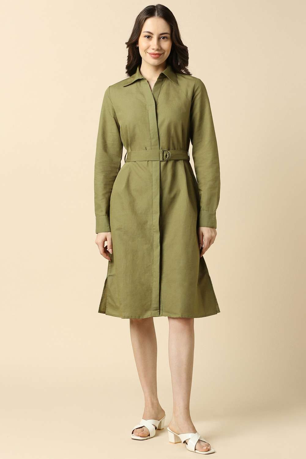 Solid-Blended-Fabric-Collared-Women-s-Knee-Length-Dress