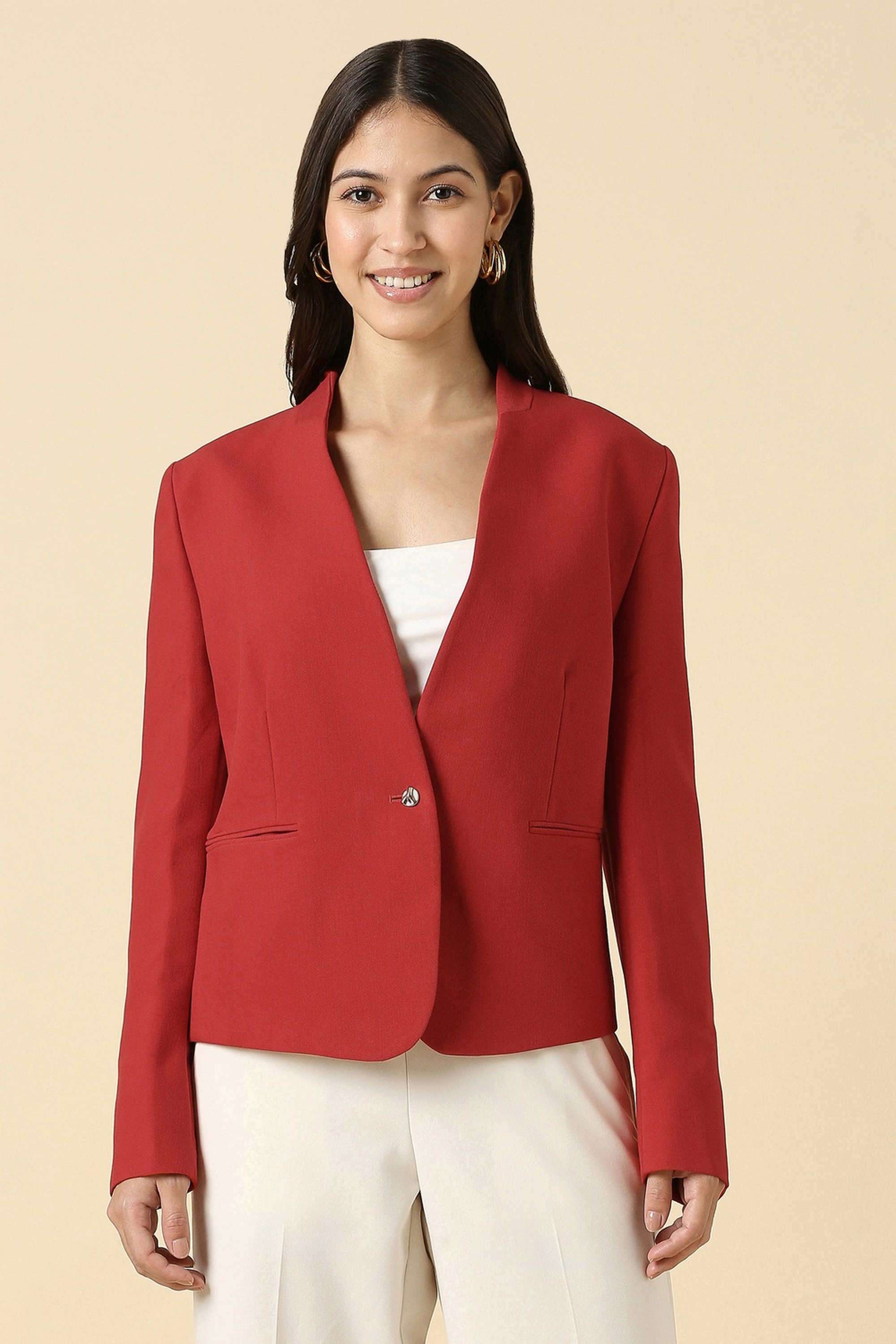 Solid-V-Neck-Blended-Fabric-Women-Blazer