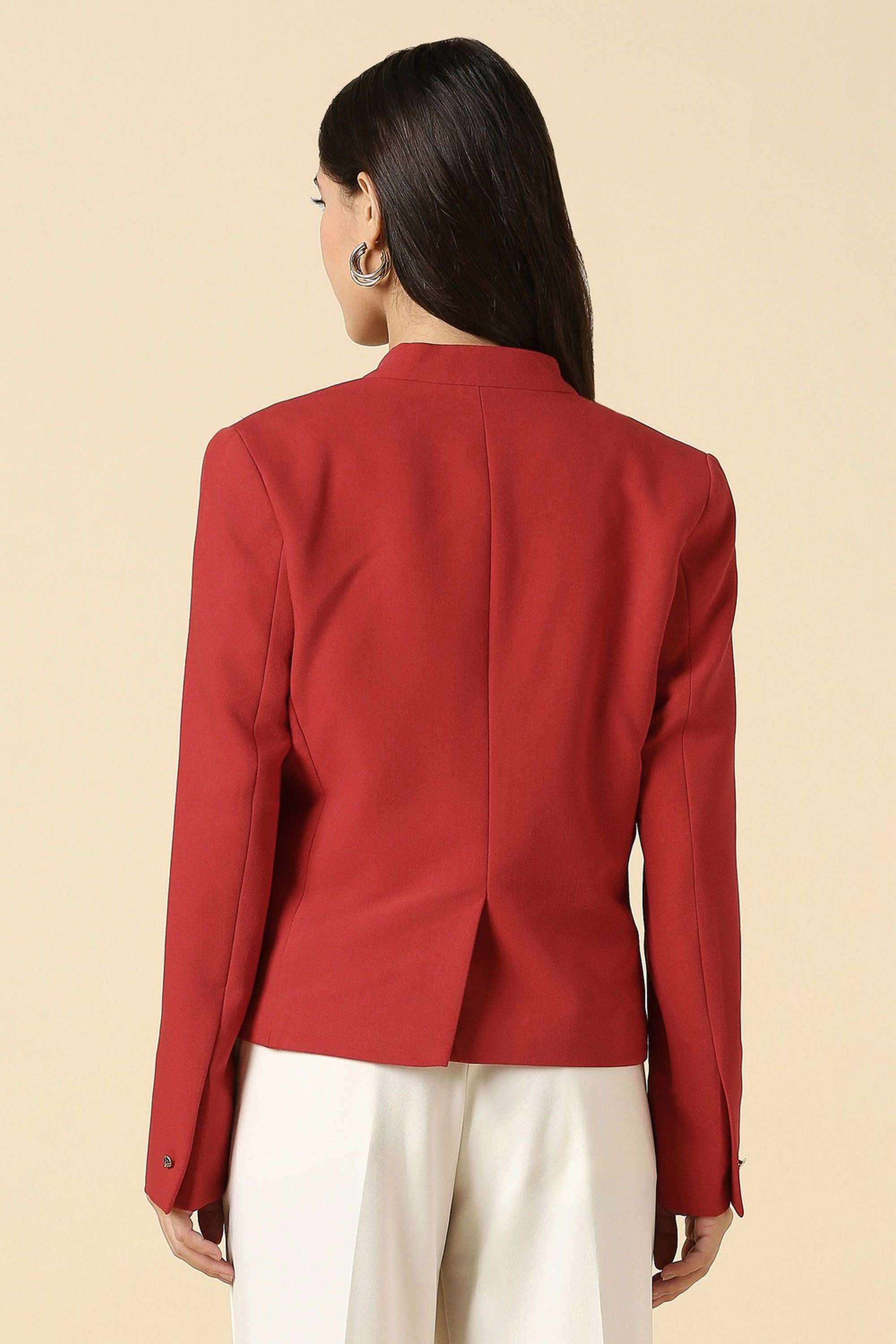Solid-V-Neck-Blended-Fabric-Women-Blazer