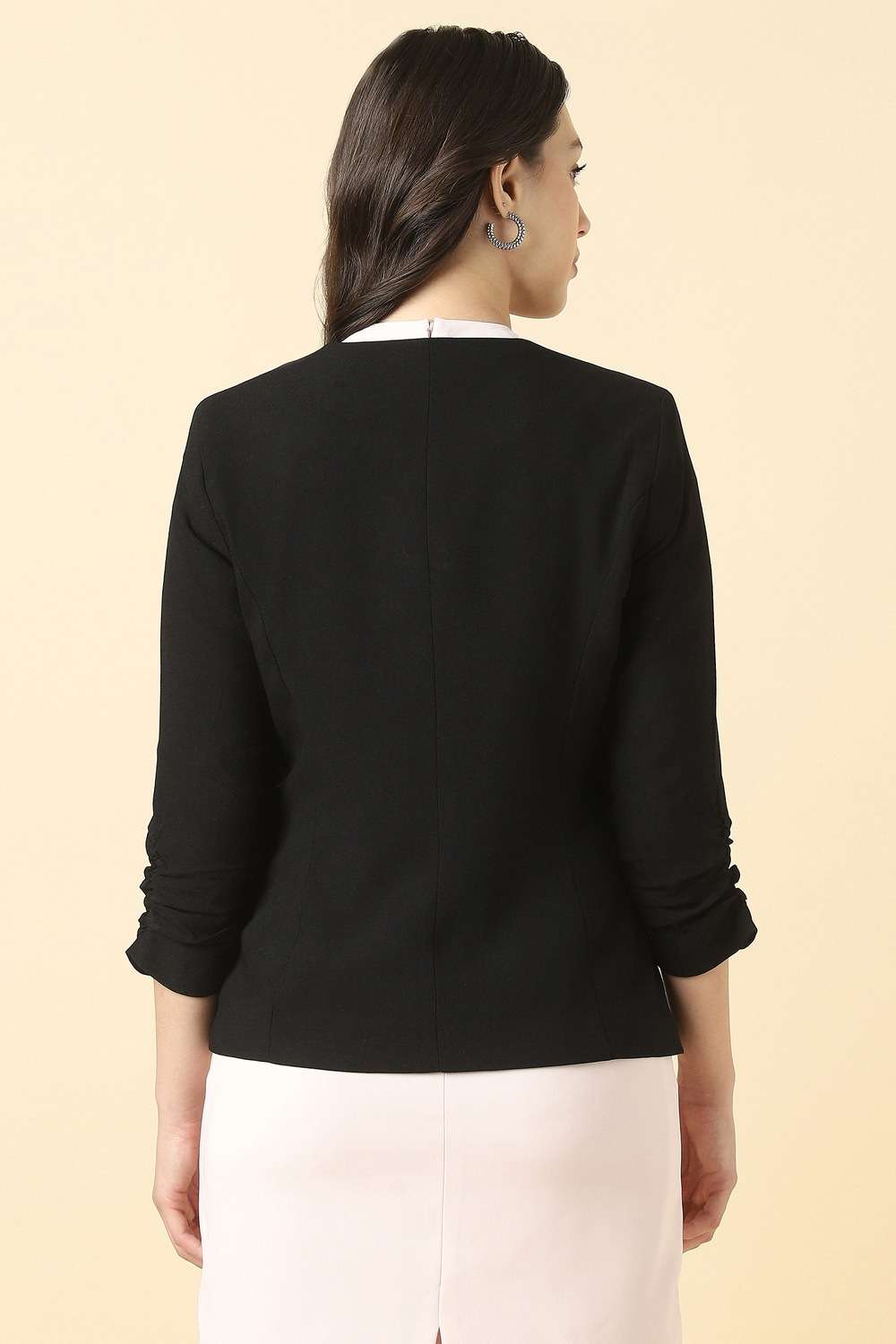 Solid-V-Neck-Blended-Fabric-Women-Blazer