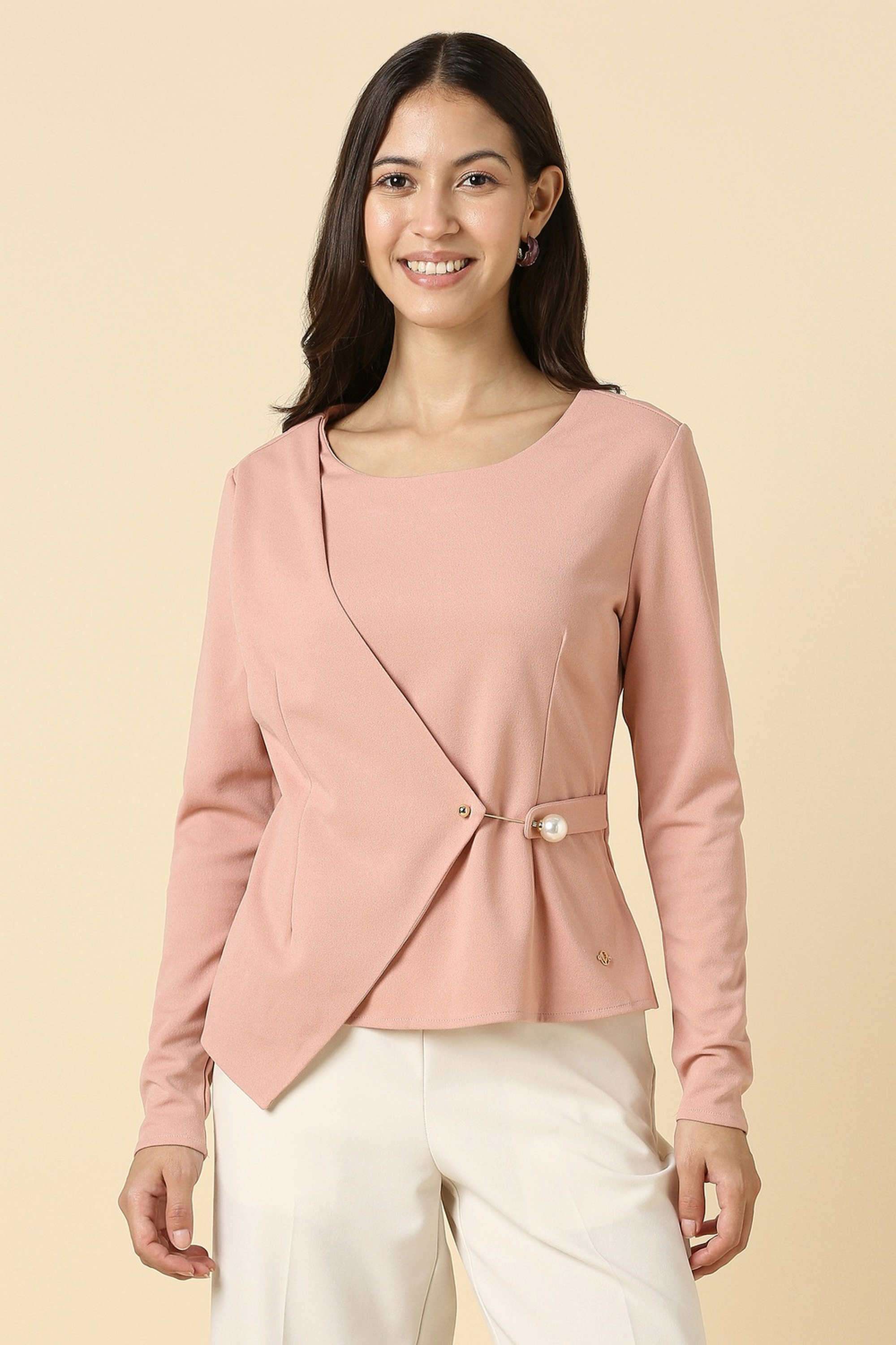 Solid-Polyester-Round-Neck-Women-s-Top