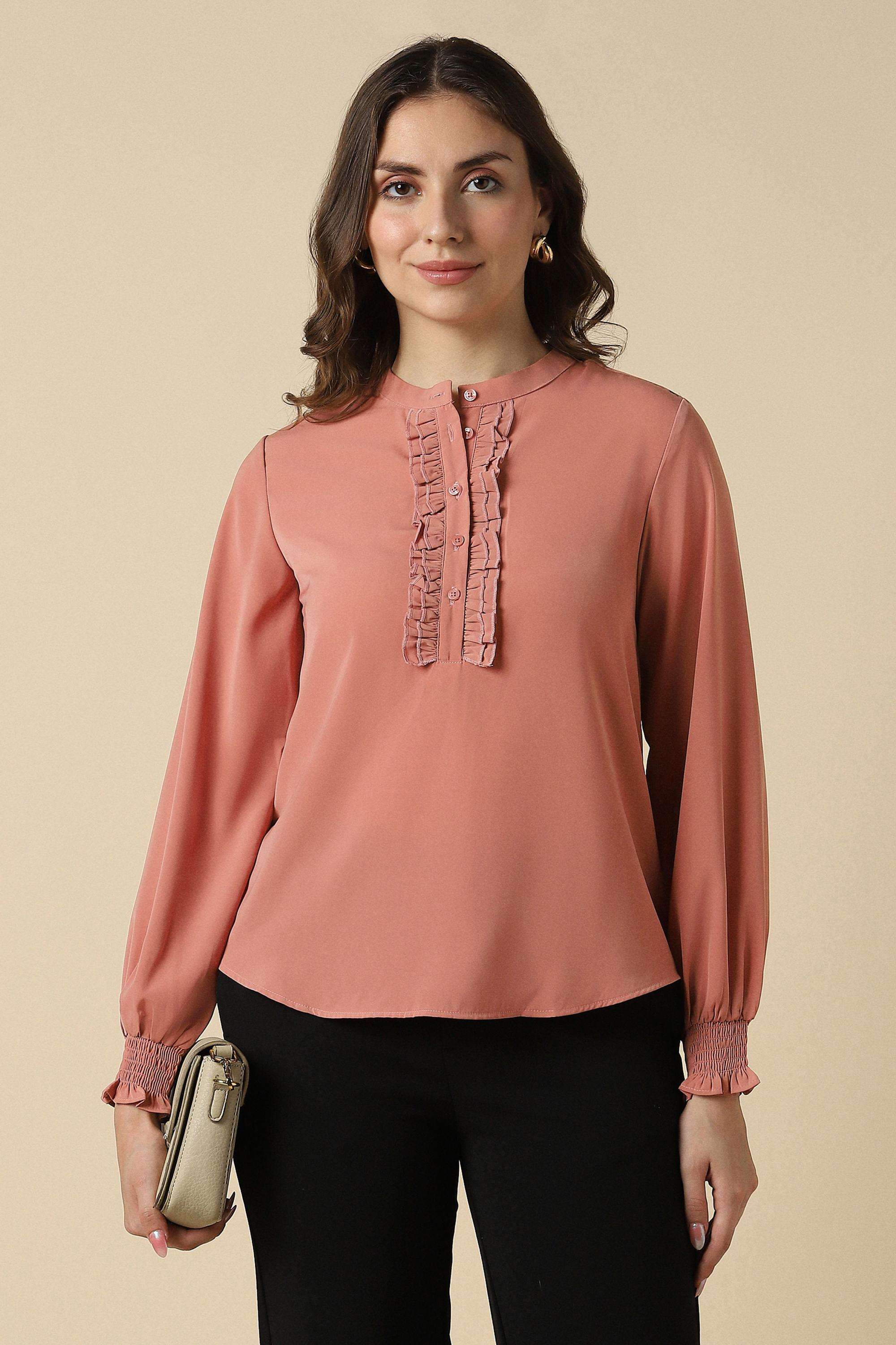 Solid-Polyester-Round-Neck-Women-s-Shirt