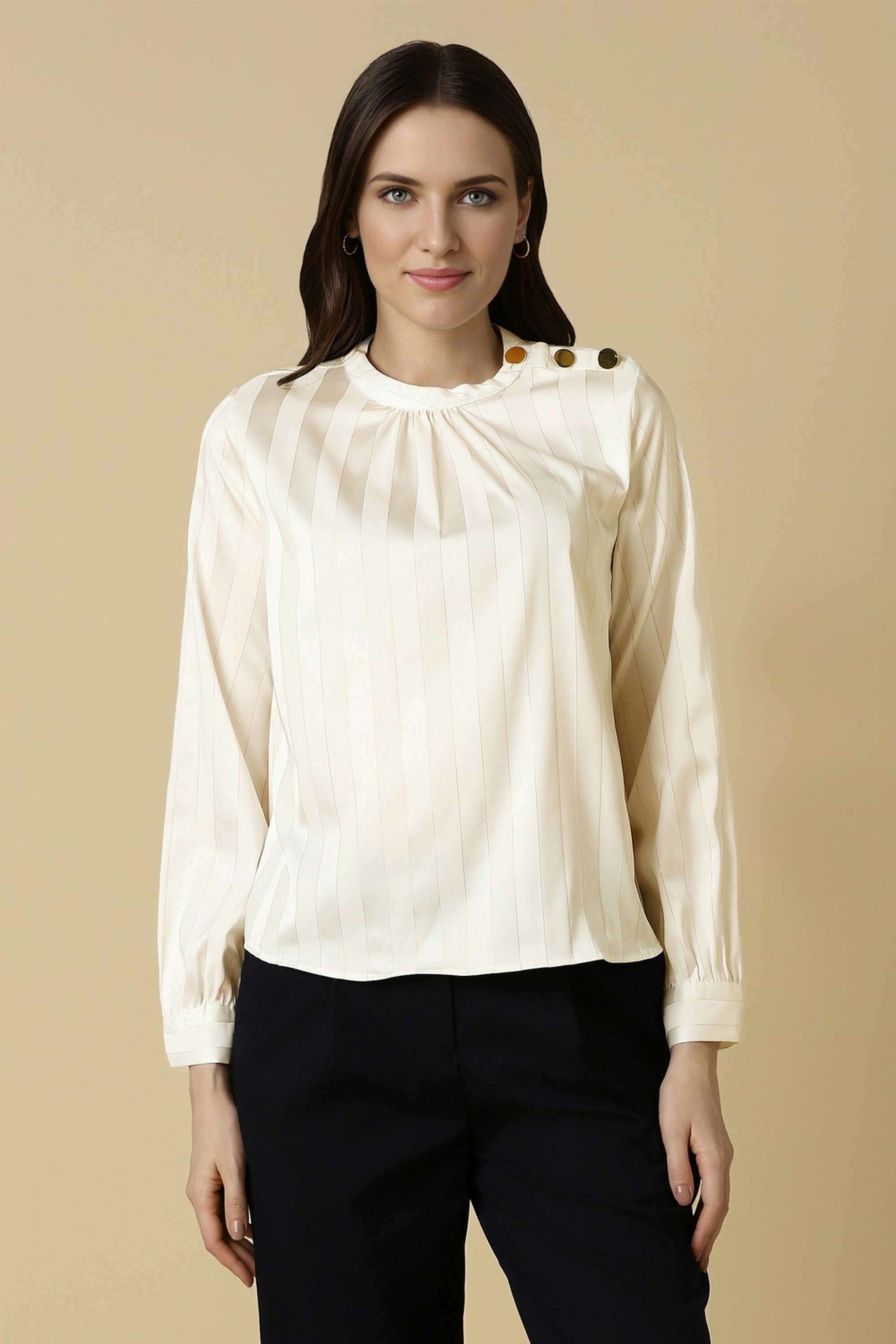 Solid-Blended-Fabric-Round-Neck-Women-s-Top