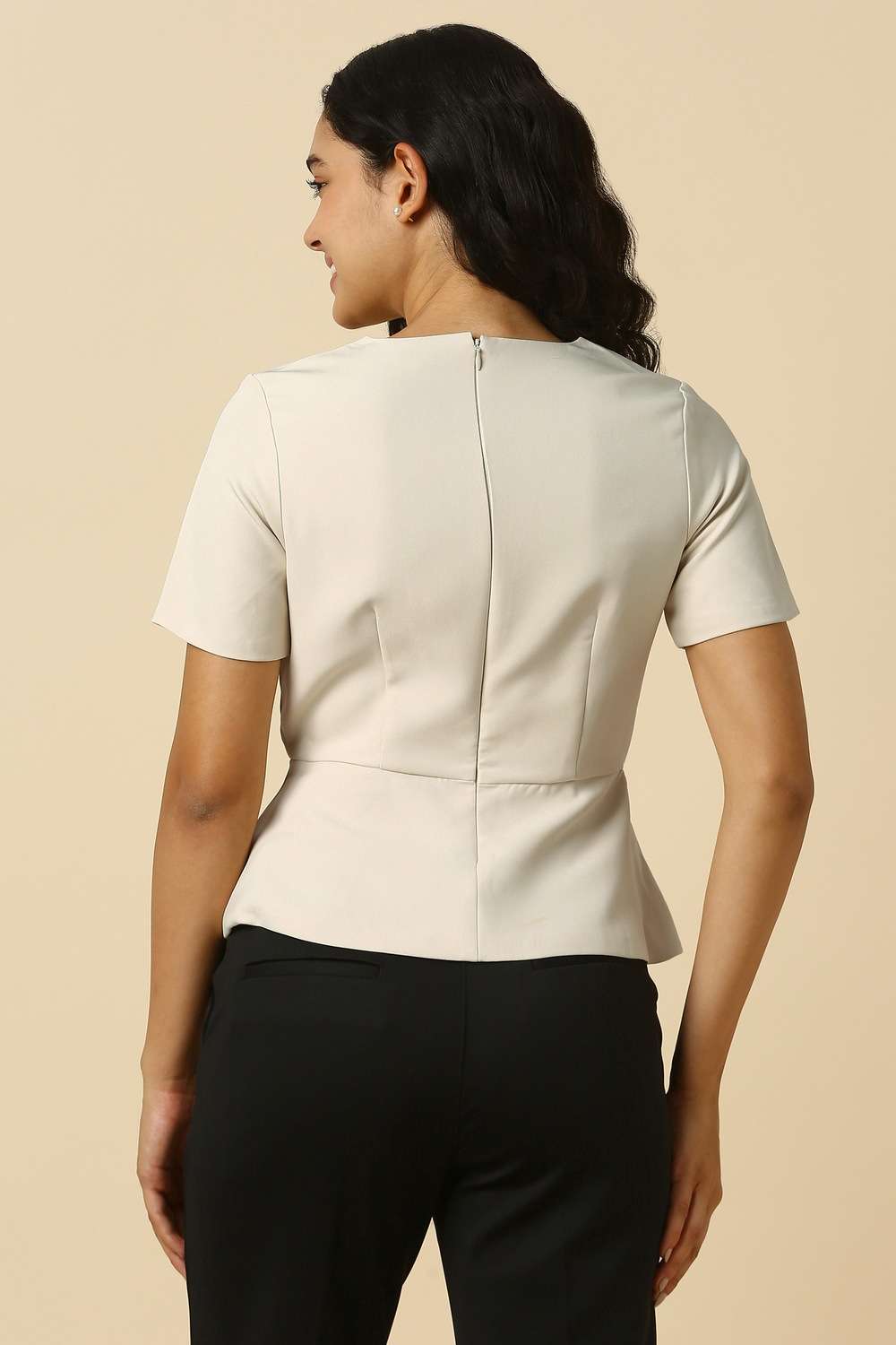 Solid-Polyester-V-Neck-Women-s-Top