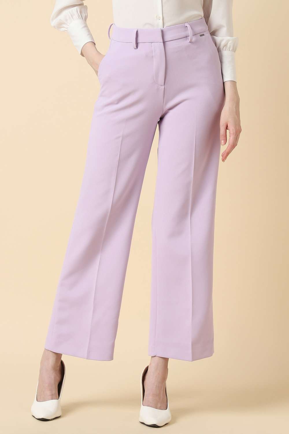 Solid-Blended-Fabric-Wide-Leg-Fit-Women-s-Trousers