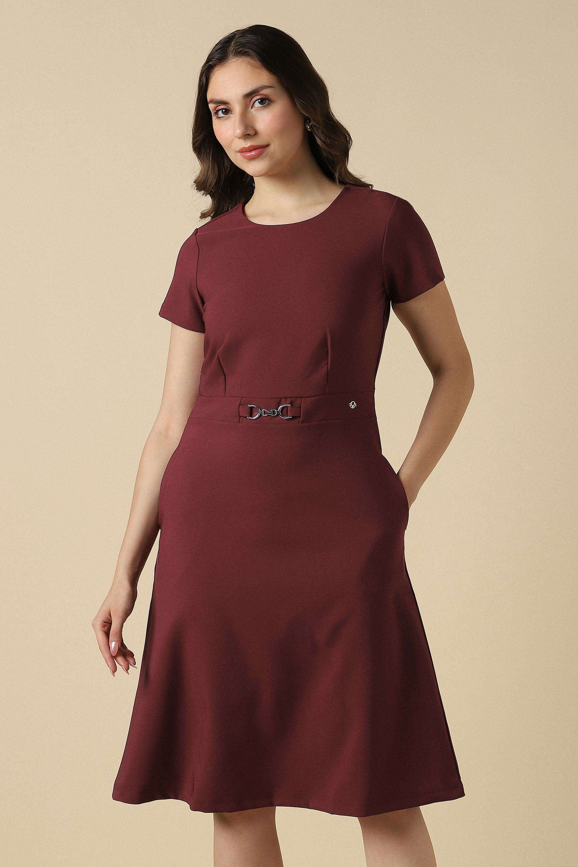 Solid-Round-Neck-Polyester-Women-Dress