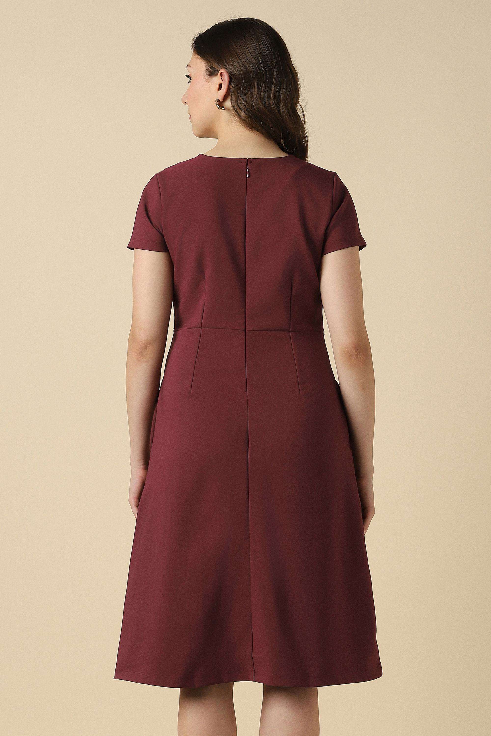 Solid-Round-Neck-Polyester-Women-Dress