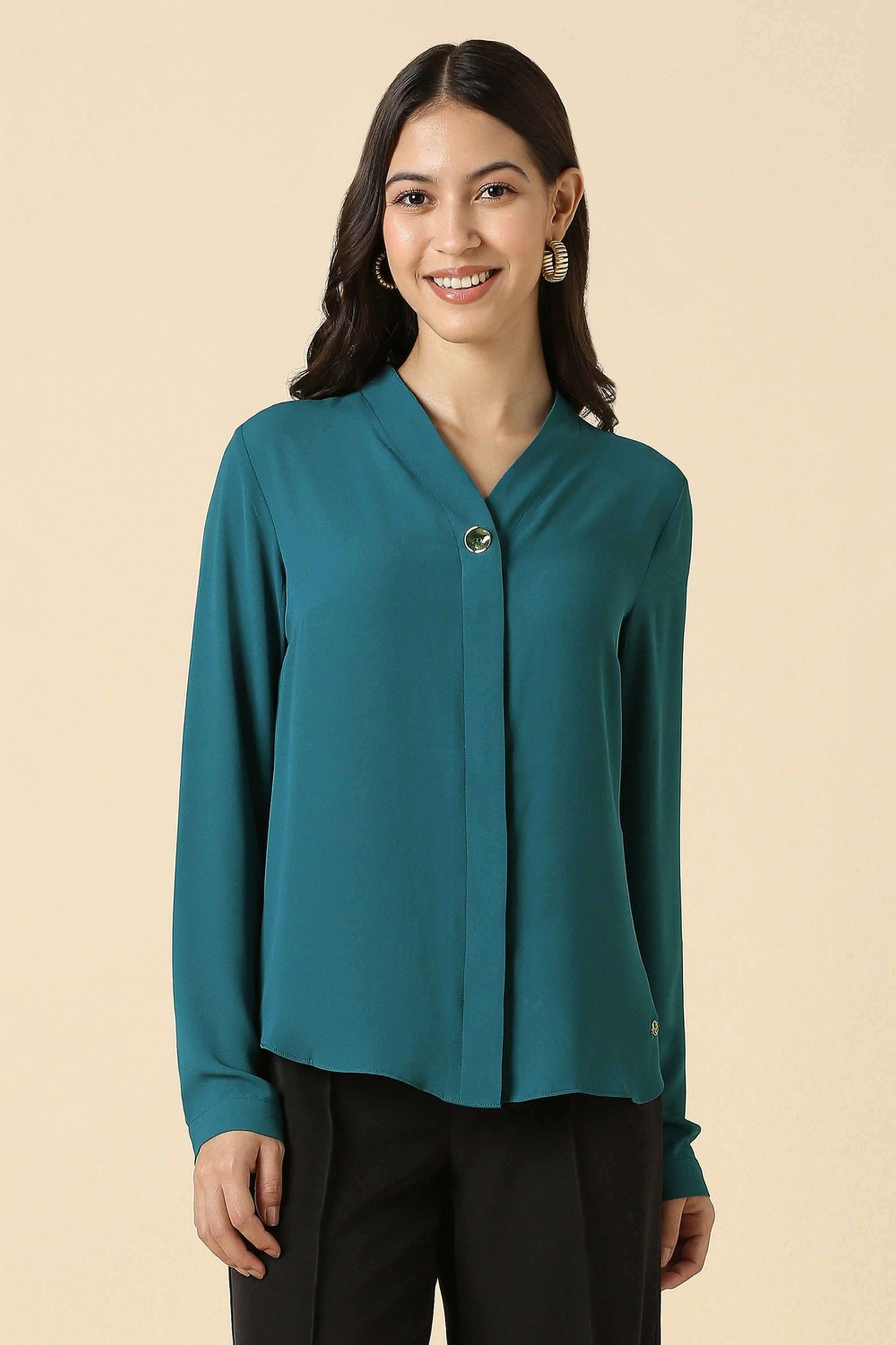 Solid-Round-Neck-Polyester-Women-s-Casual-Wear-Shirt