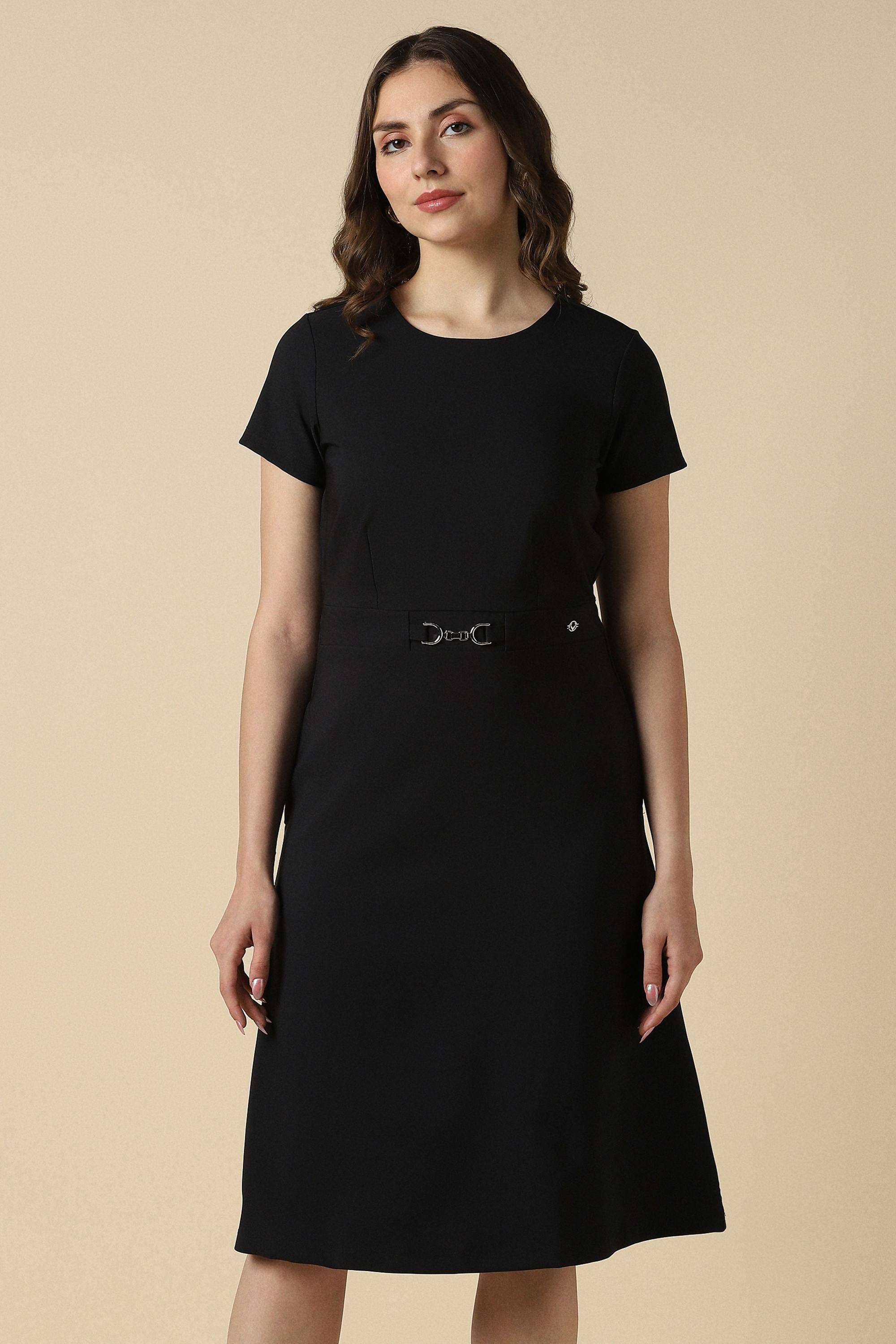 Solid-Polyester-Round-Neck-Women-s-Dress