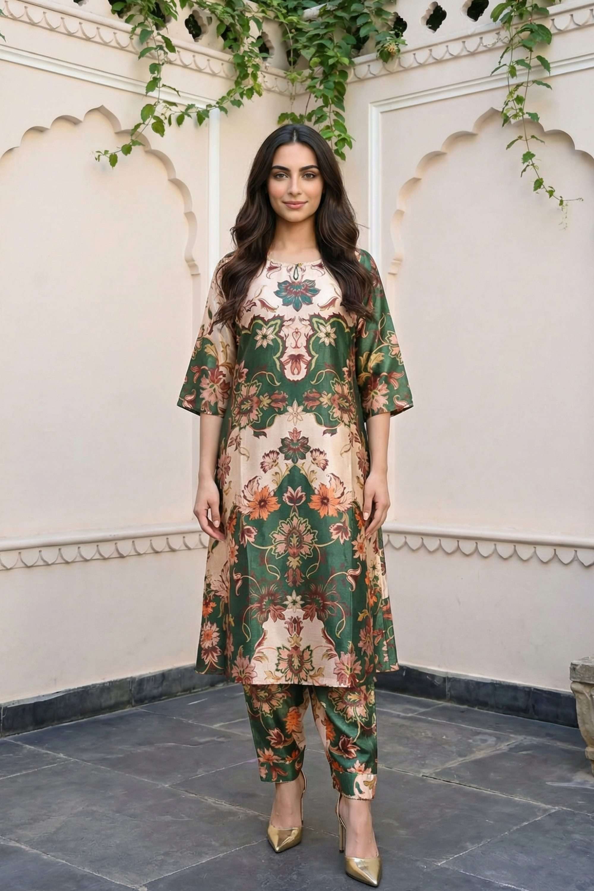 Printed-Blended-Fabric-Round-Neck-Women-s-Festive-Wear-Kurta-Set