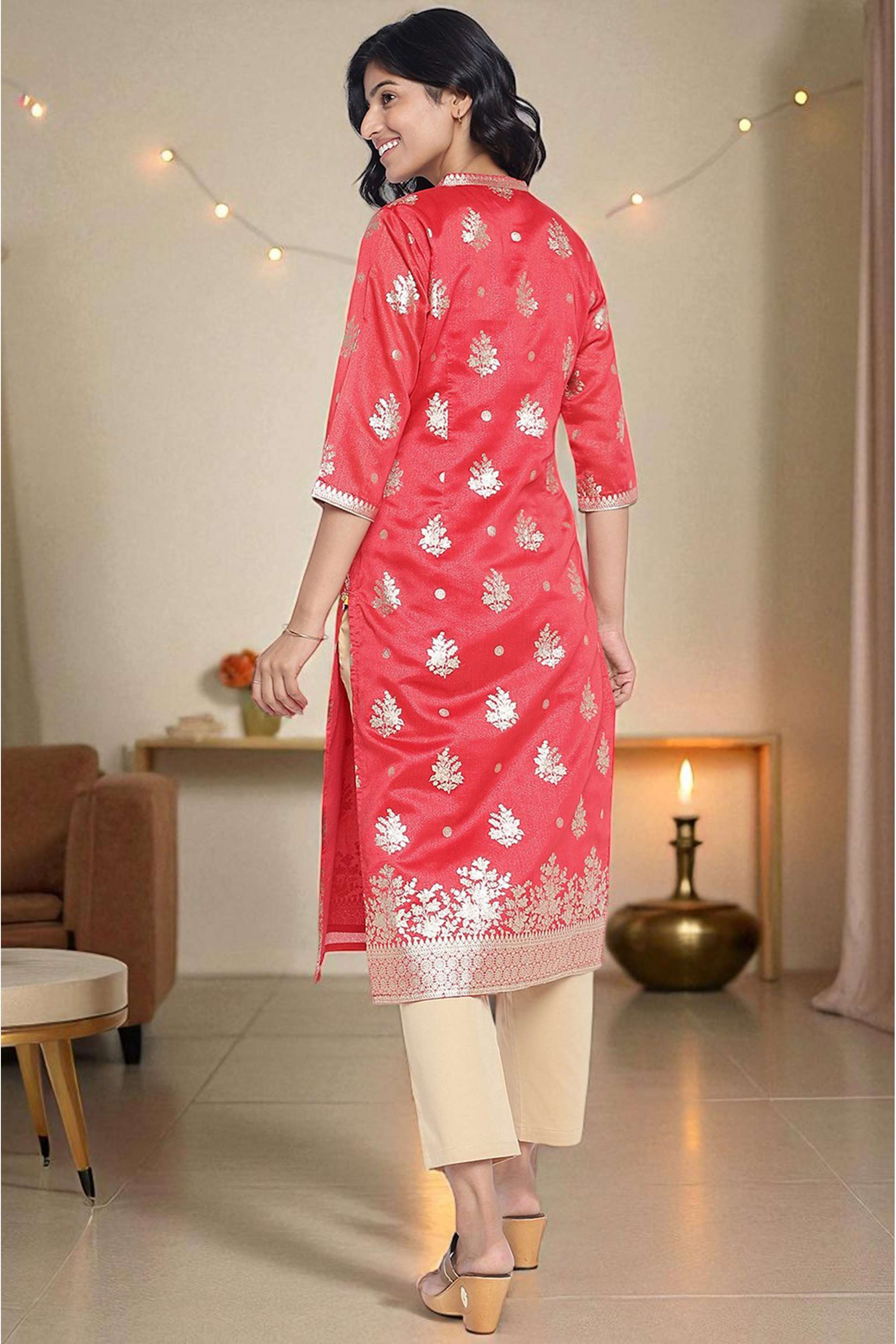 Printed-Blended-Fabric-Round-Neck-Women-s-Fusion-Wear-Kurta