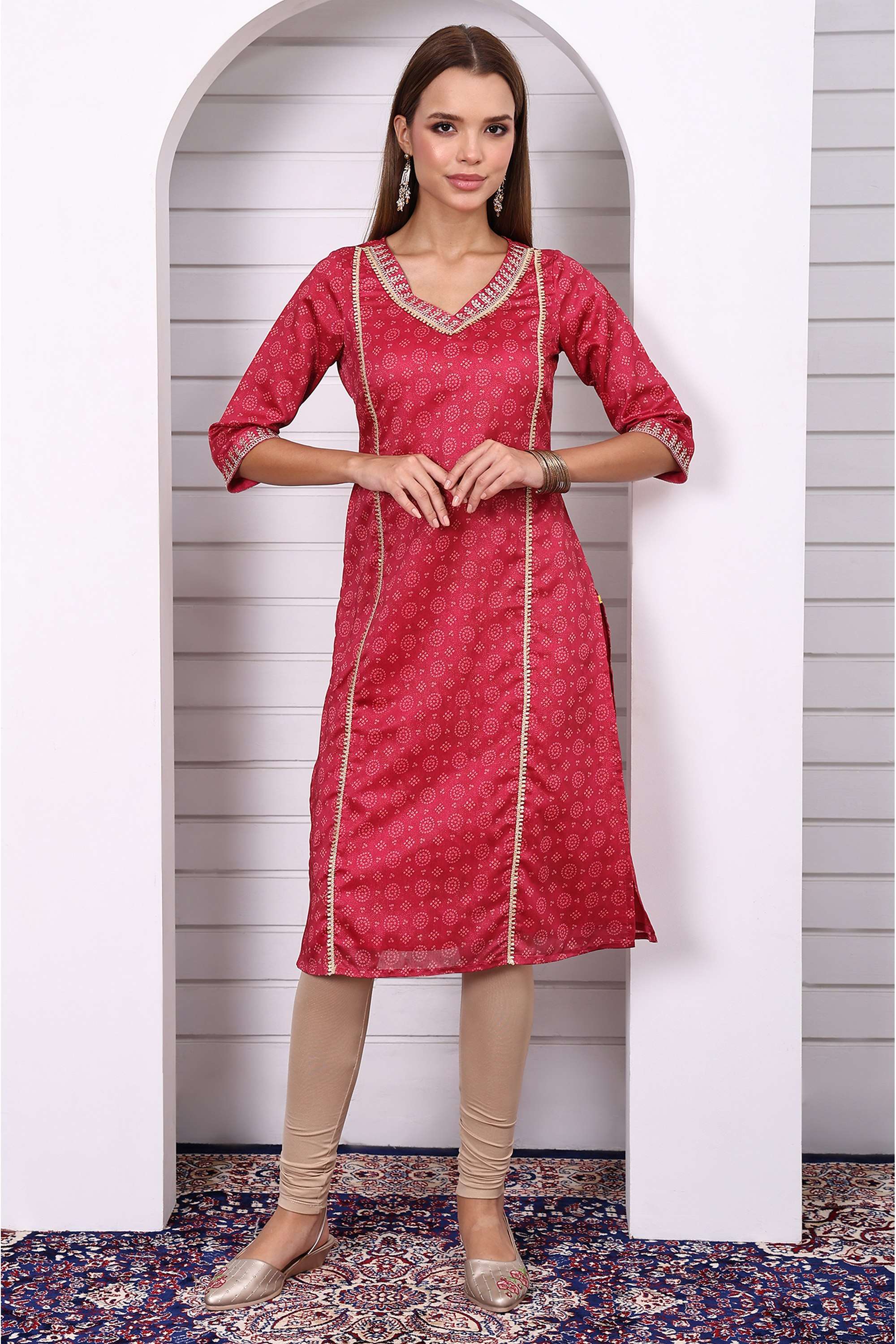 Abstract-Blended-Fabric-V-Neck-Women-s-Ethnic-Kurta