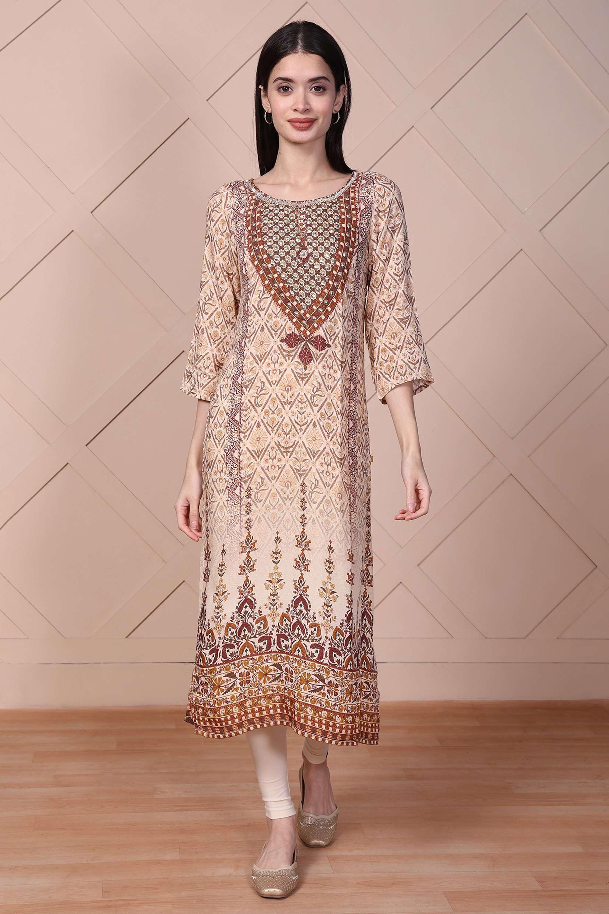 Geometric-Print-Cotton-Blend-Round-Neck-Women-s-Festive-Wear-Kurta