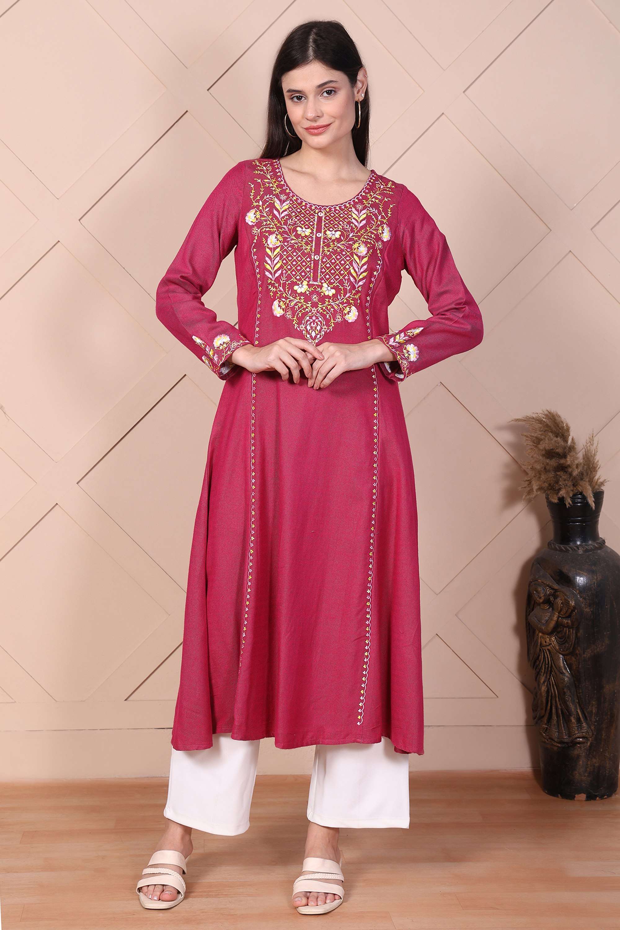Embroidered-Viscose-Round-Neck-Women-s-Festive-Wear-Kurta