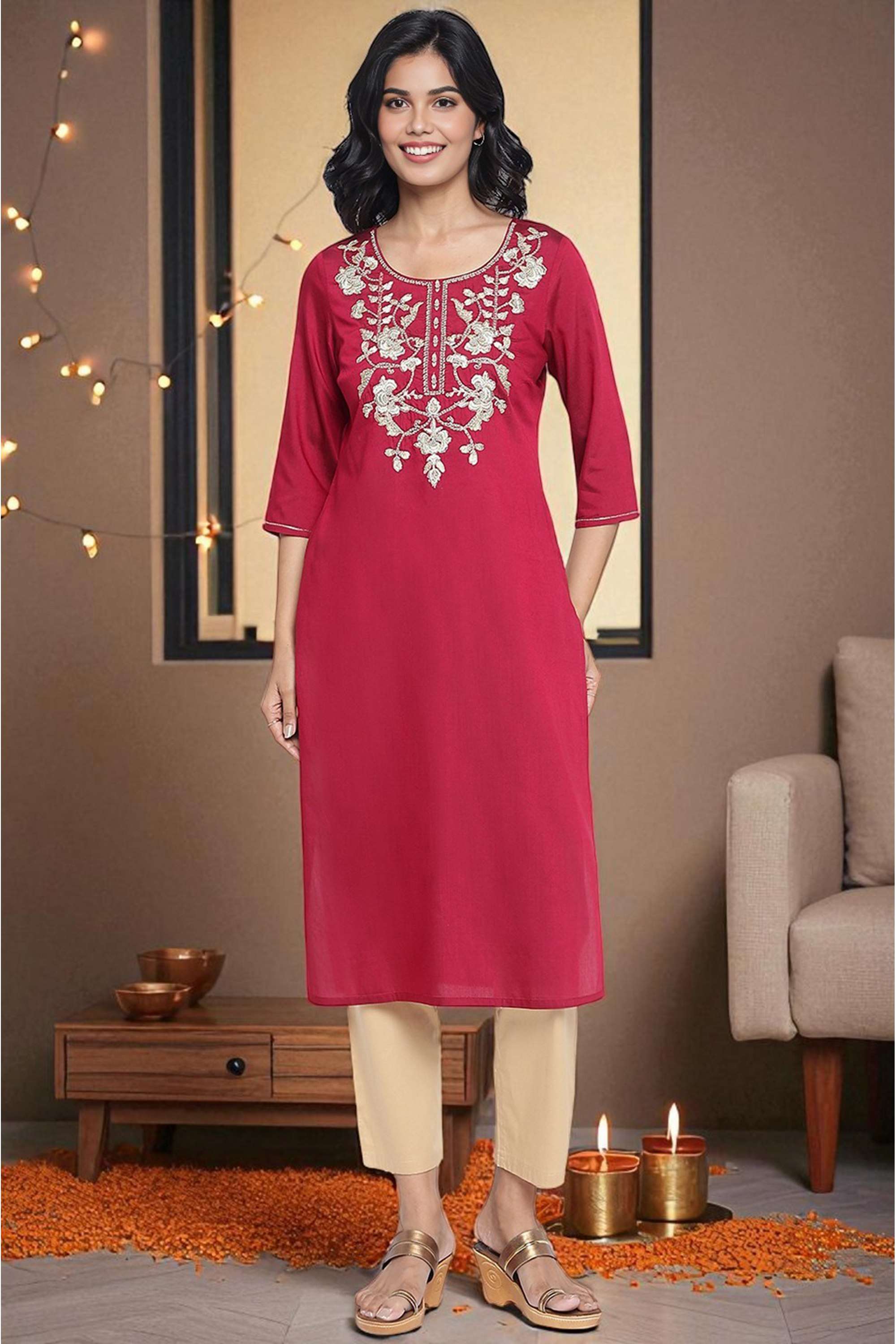 Solid-Viscose-Round-Neck-Women-s-Ethnic-Kurta