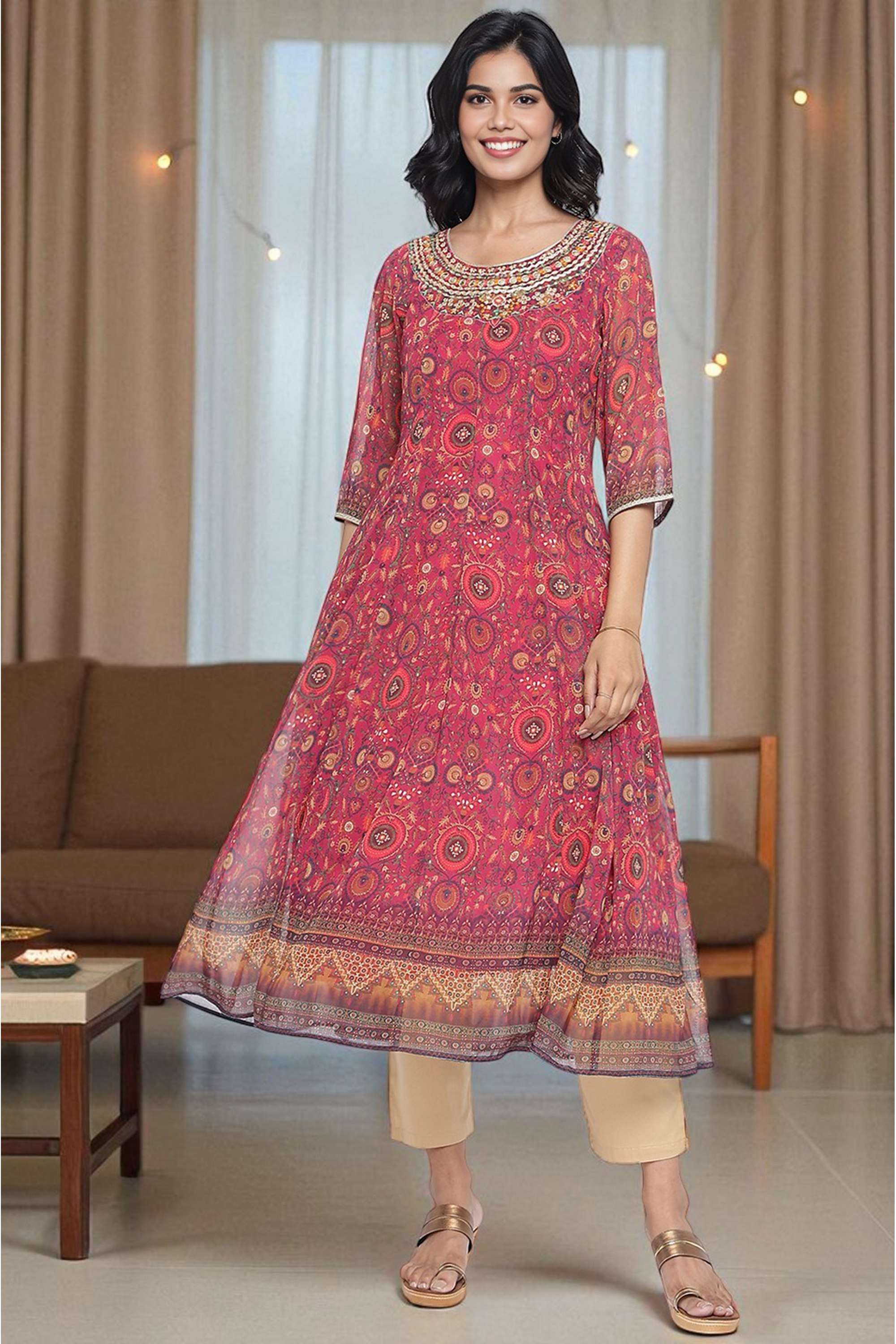 Printed-Polyester-Round-Neck-Women-Fusion-Wear-Kurta