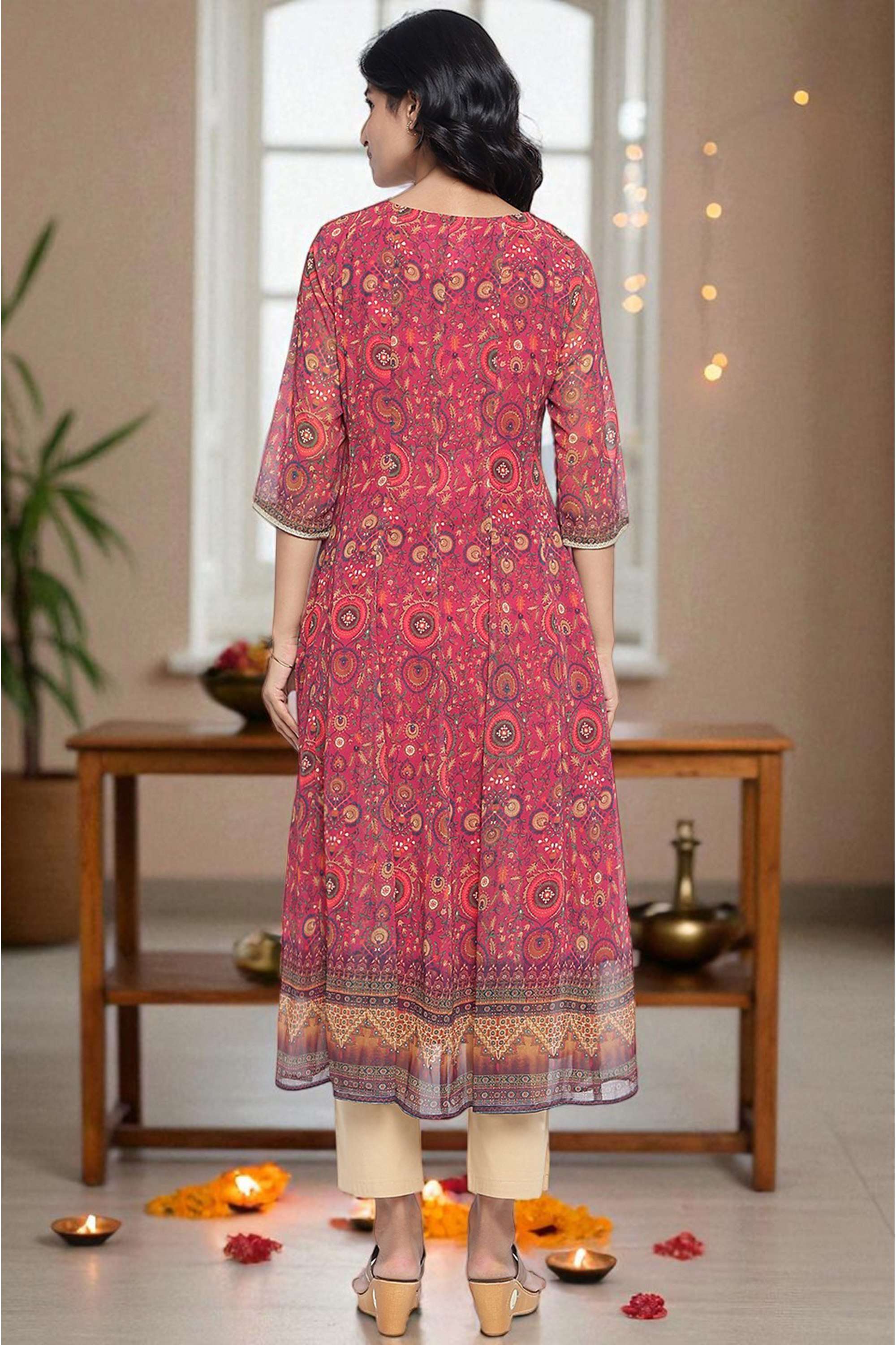Printed-Polyester-Round-Neck-Women-Fusion-Wear-Kurta