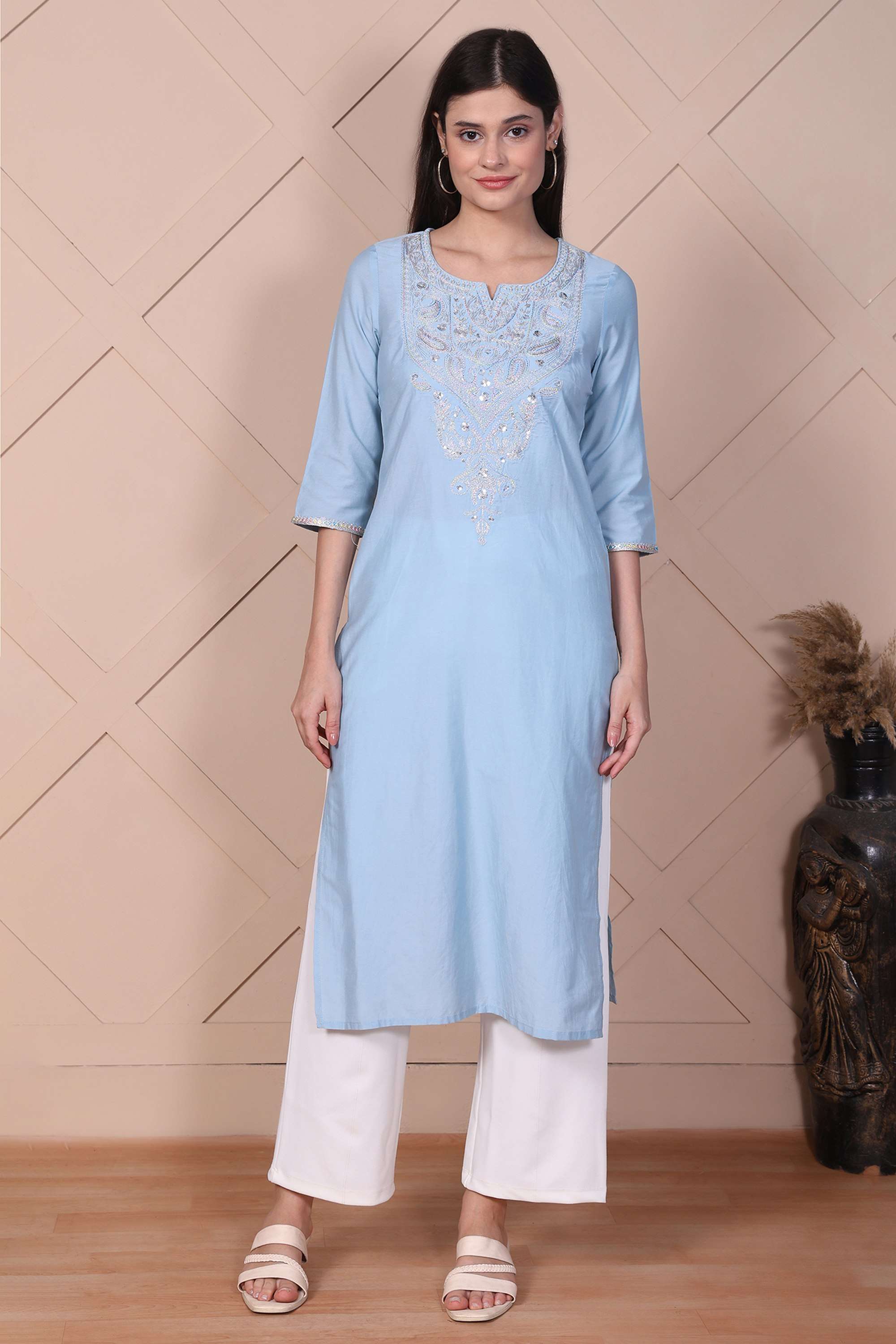 Embroidered-Viscose-Round-Neck-Women-s-Festive-Wear-Kurta