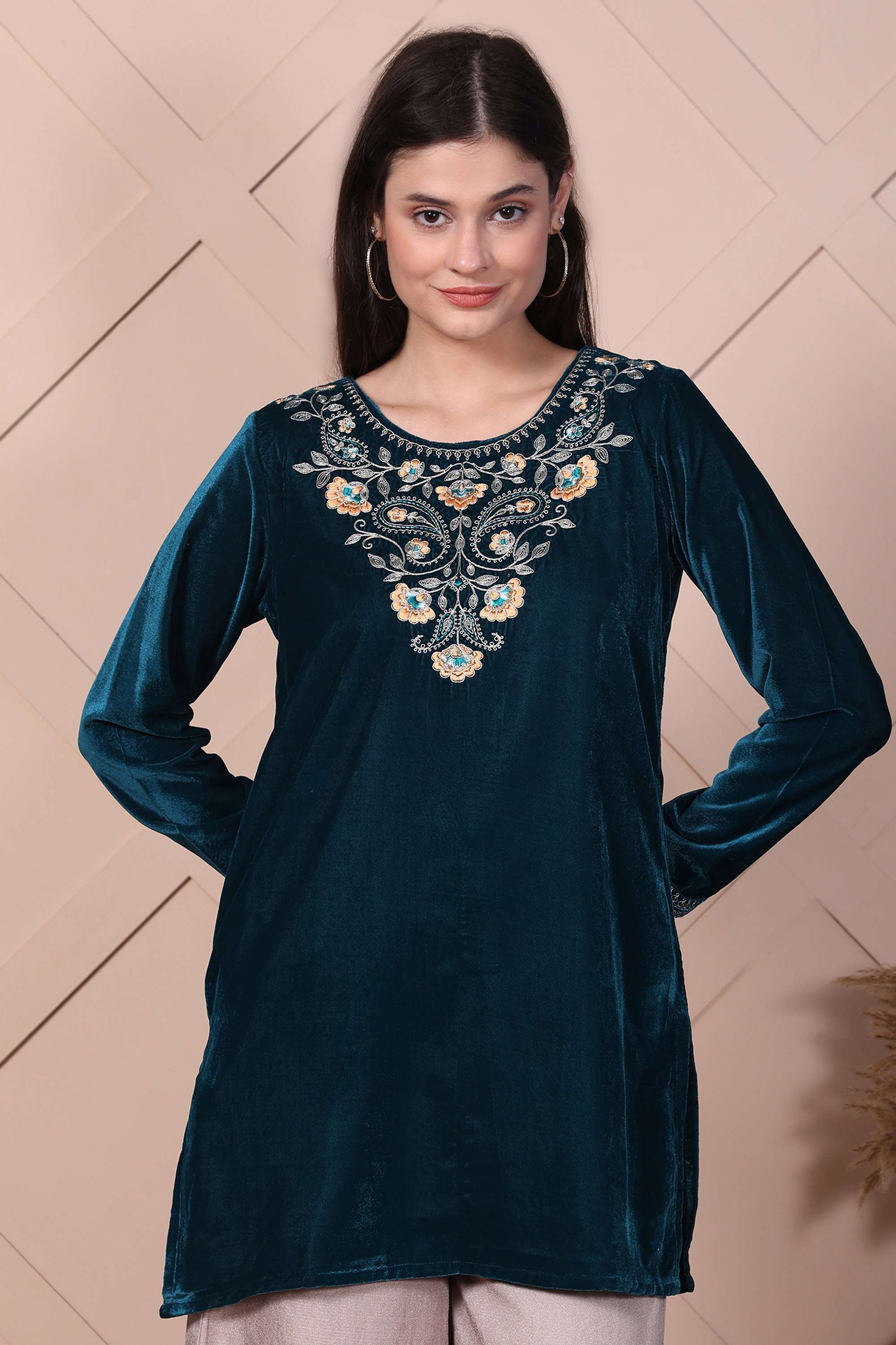Embroidered-Velvet-Round-Neck-Women-s-Top