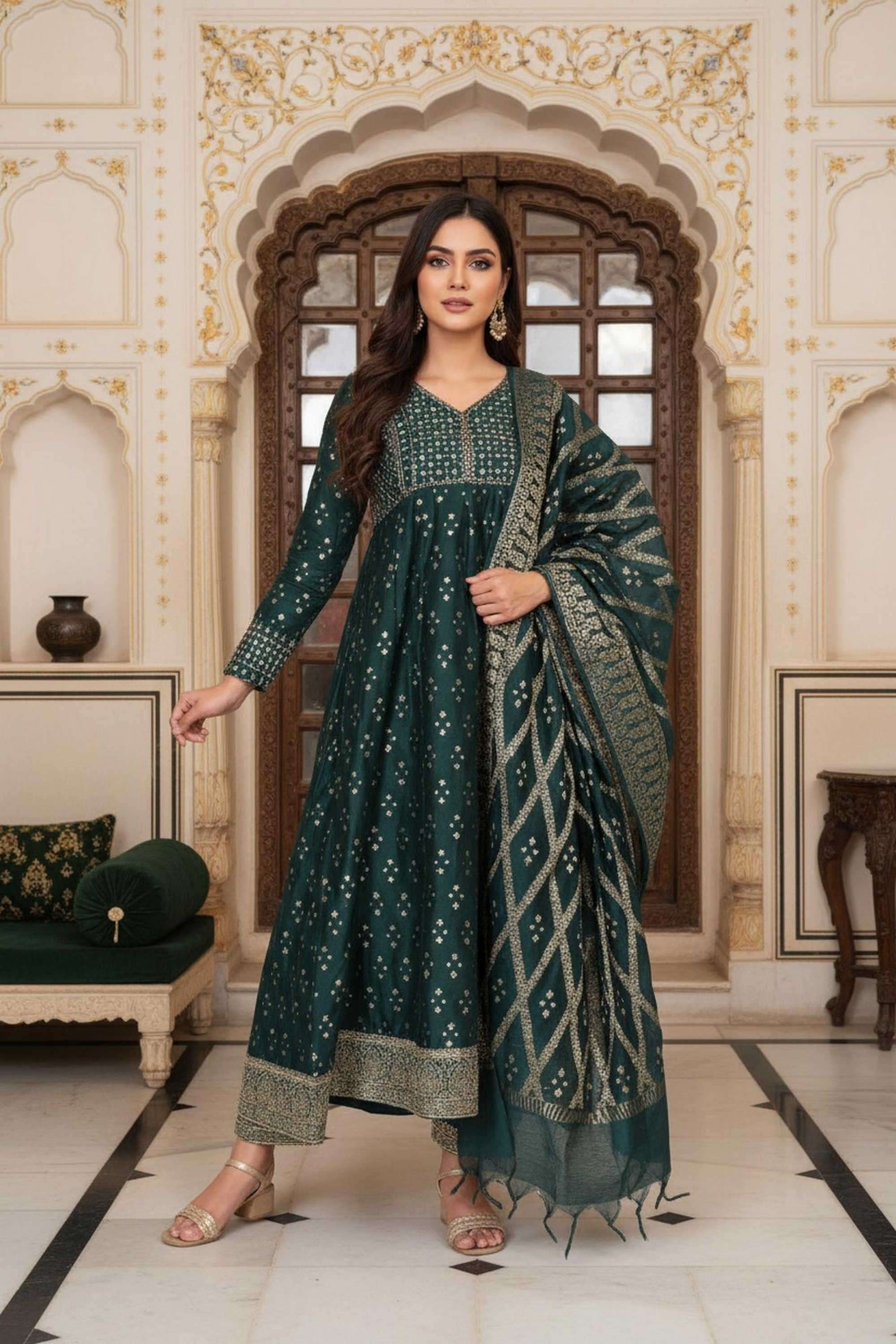 Geometric-Print-Polyester-Women-s-Festive-Wear-Kurta-Set