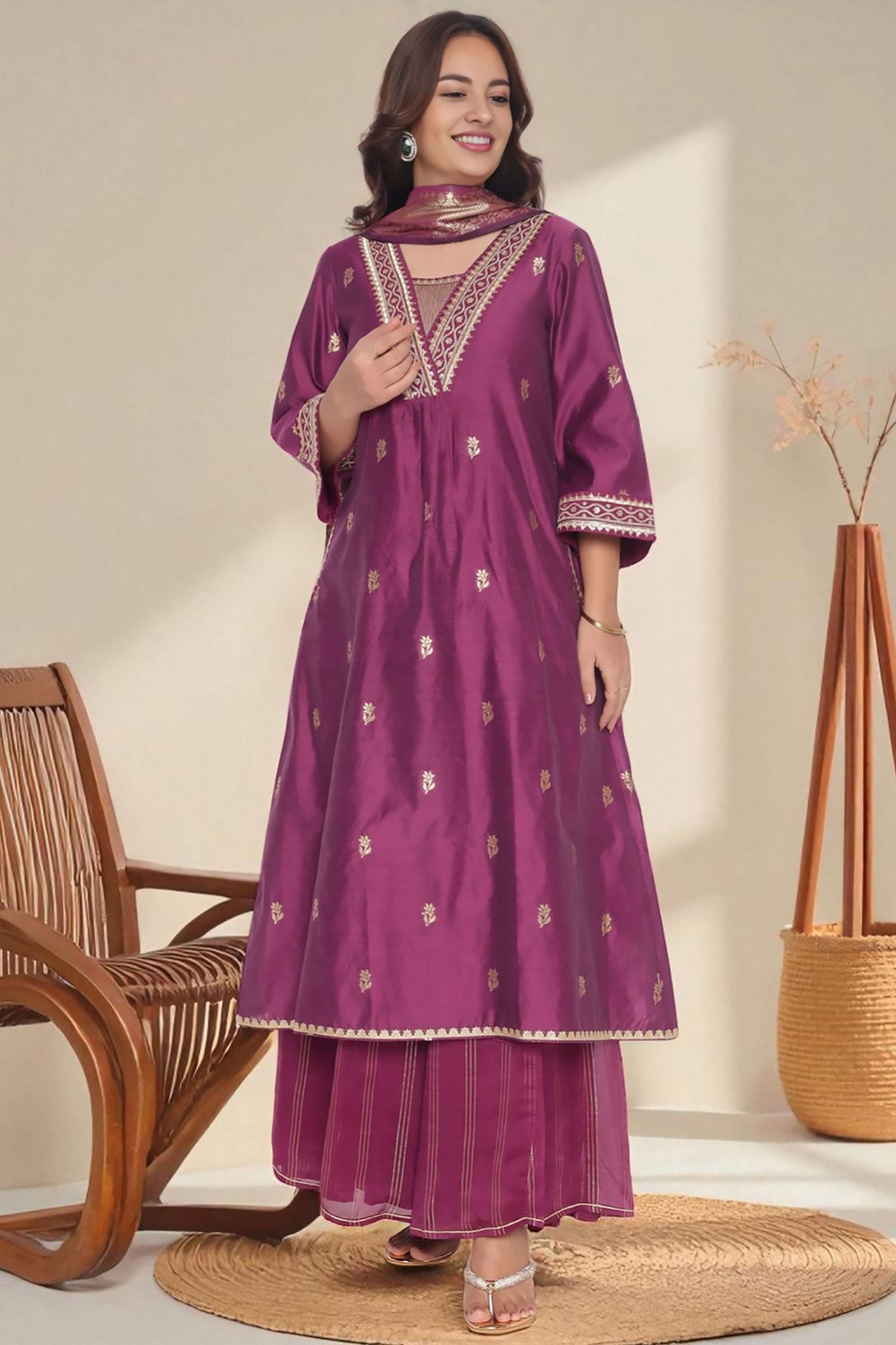Solid-Blended-Fabric-Women-s-Fusion-Wear-Kurta-Set