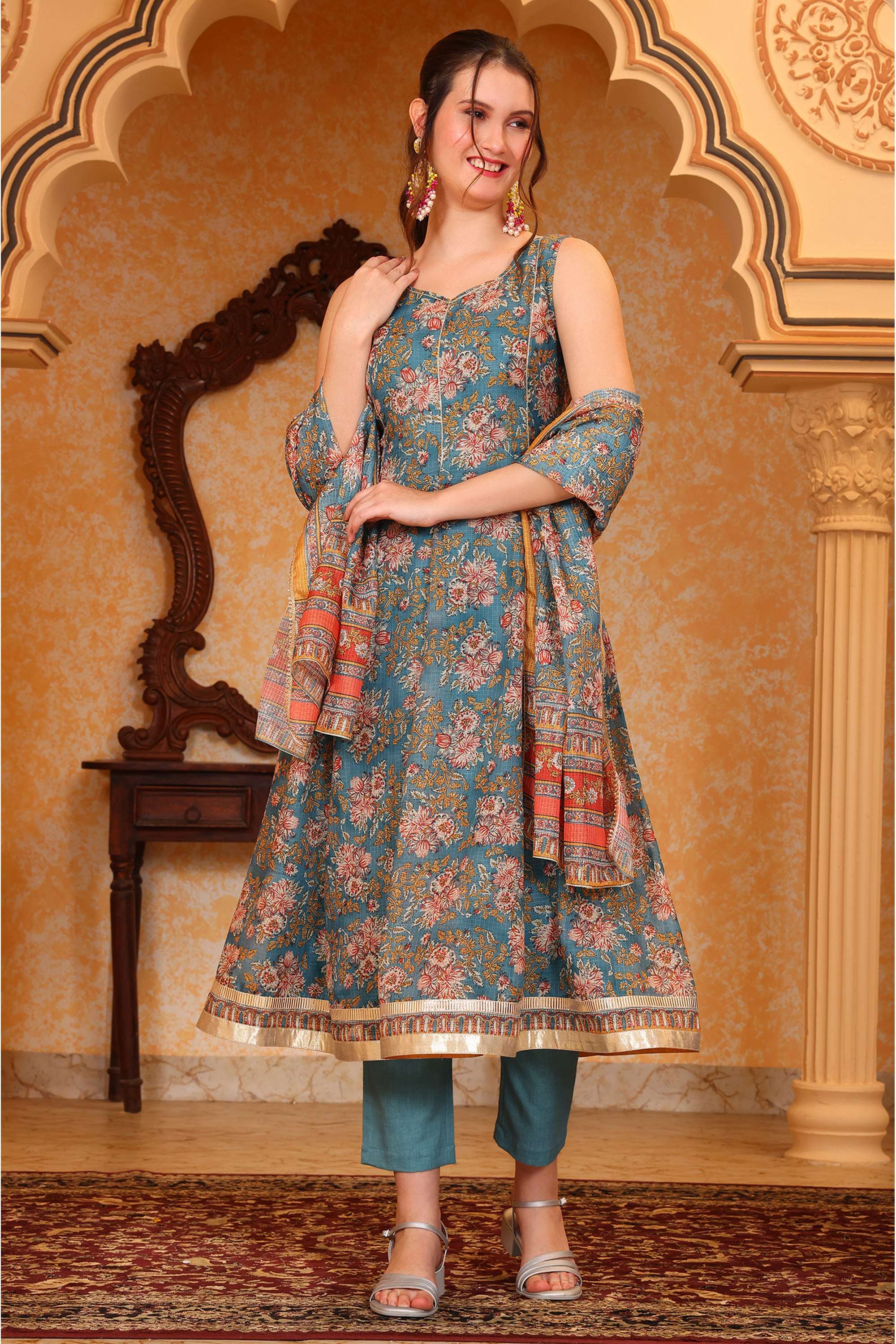 Printed-Modal-V-Neck-Women-s-Fusion-Wear-Kurta-Set