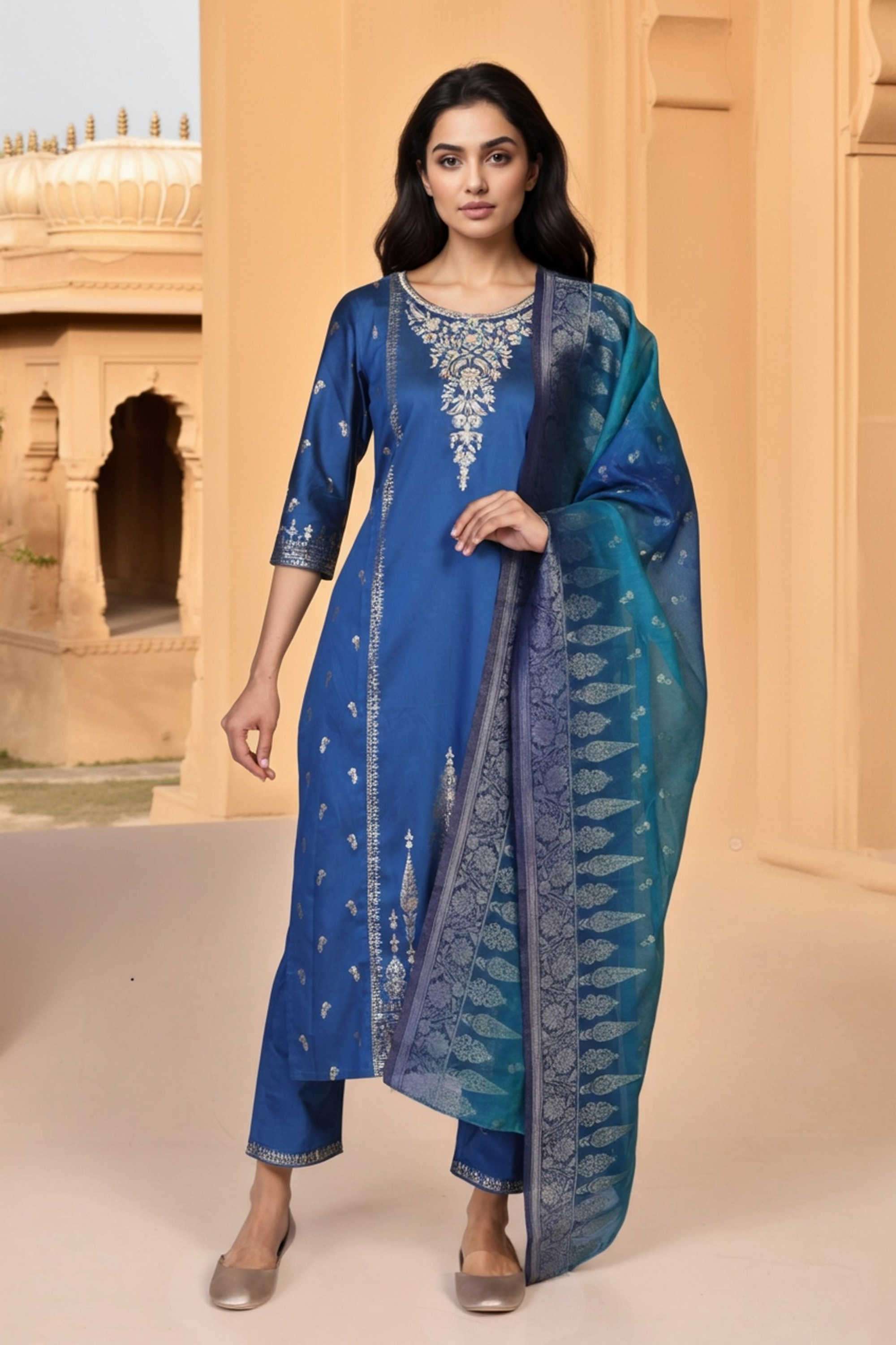 Abstract-Blended-Fabric-Women-s-Festive-Wear-Kurta-Set