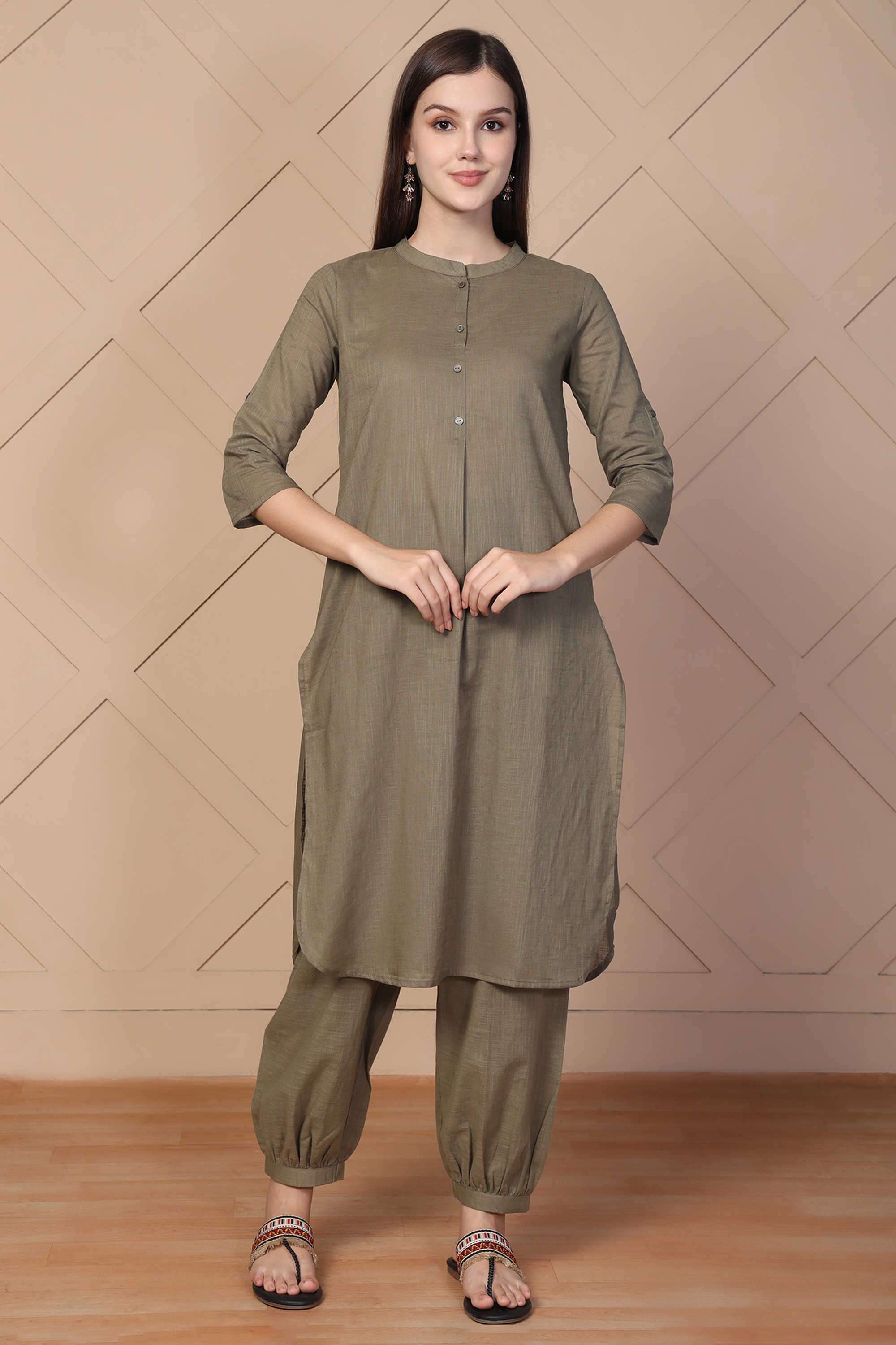 Solid-Cotton-Women-s-Festive-Wear-Kurta-Set
