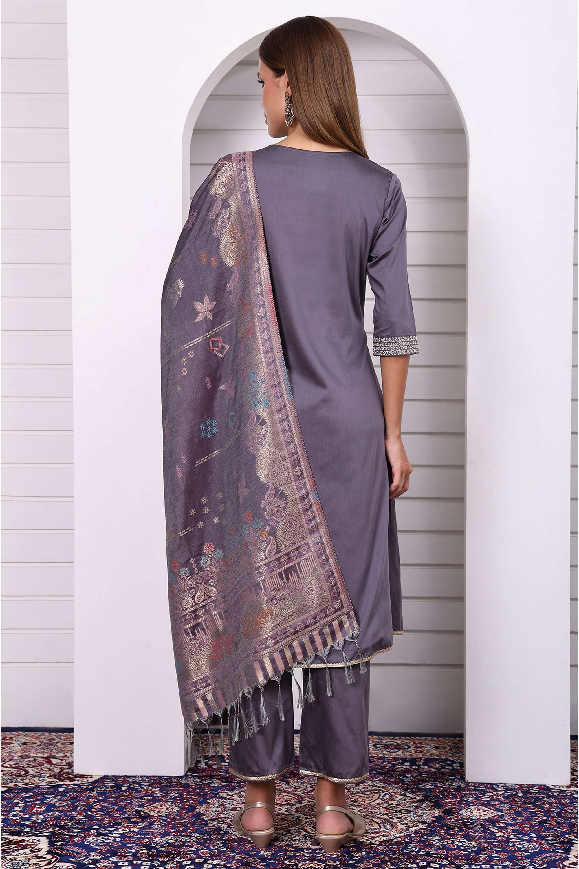 Solid-Blended-Fabric-Round-Neck-Women-s-Fusion-Wear-Kurta-Set