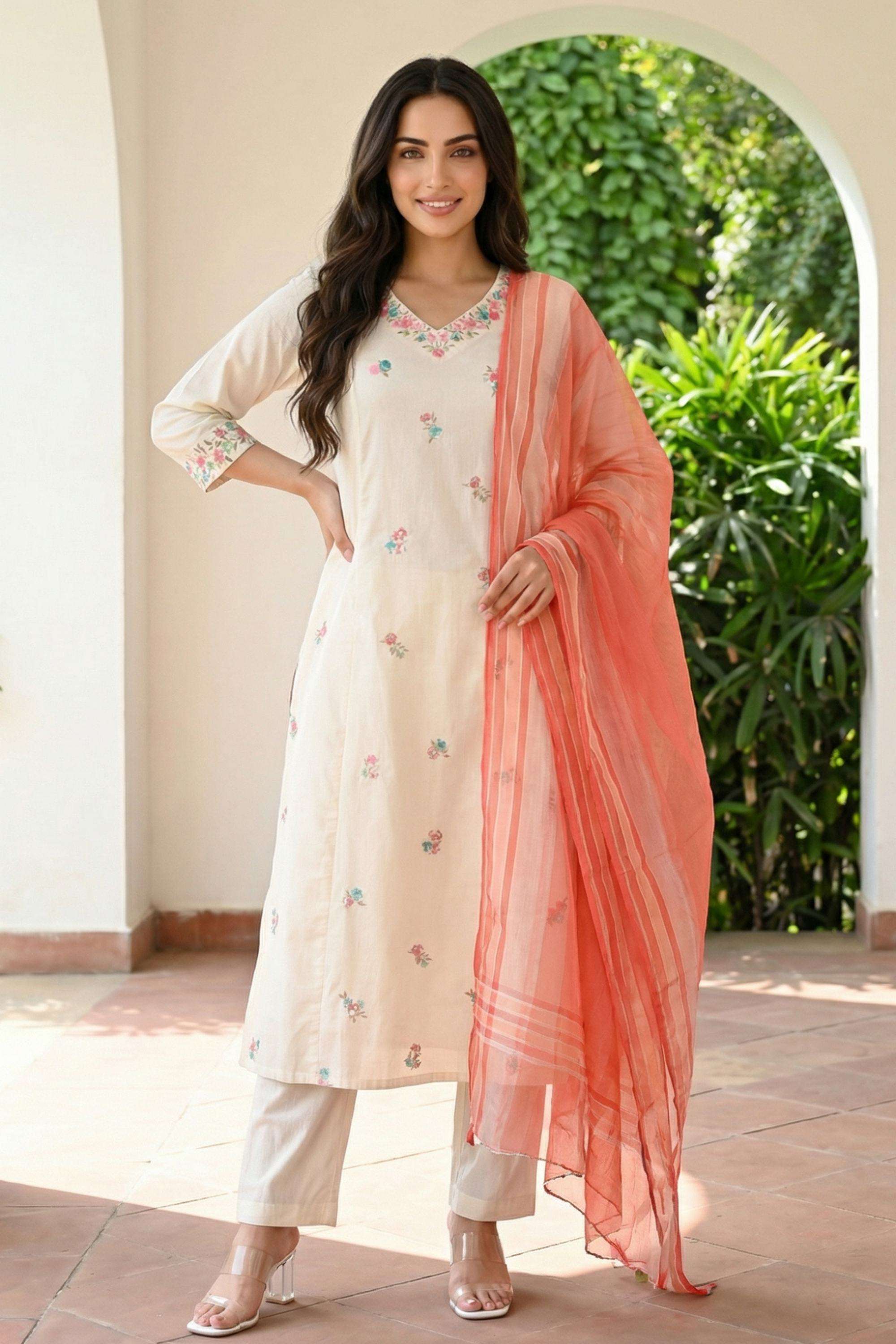 Embroidered-Viscose-V-Neck-Women-Festive-Wear-Kurta-with-Pant-and-Dupatta