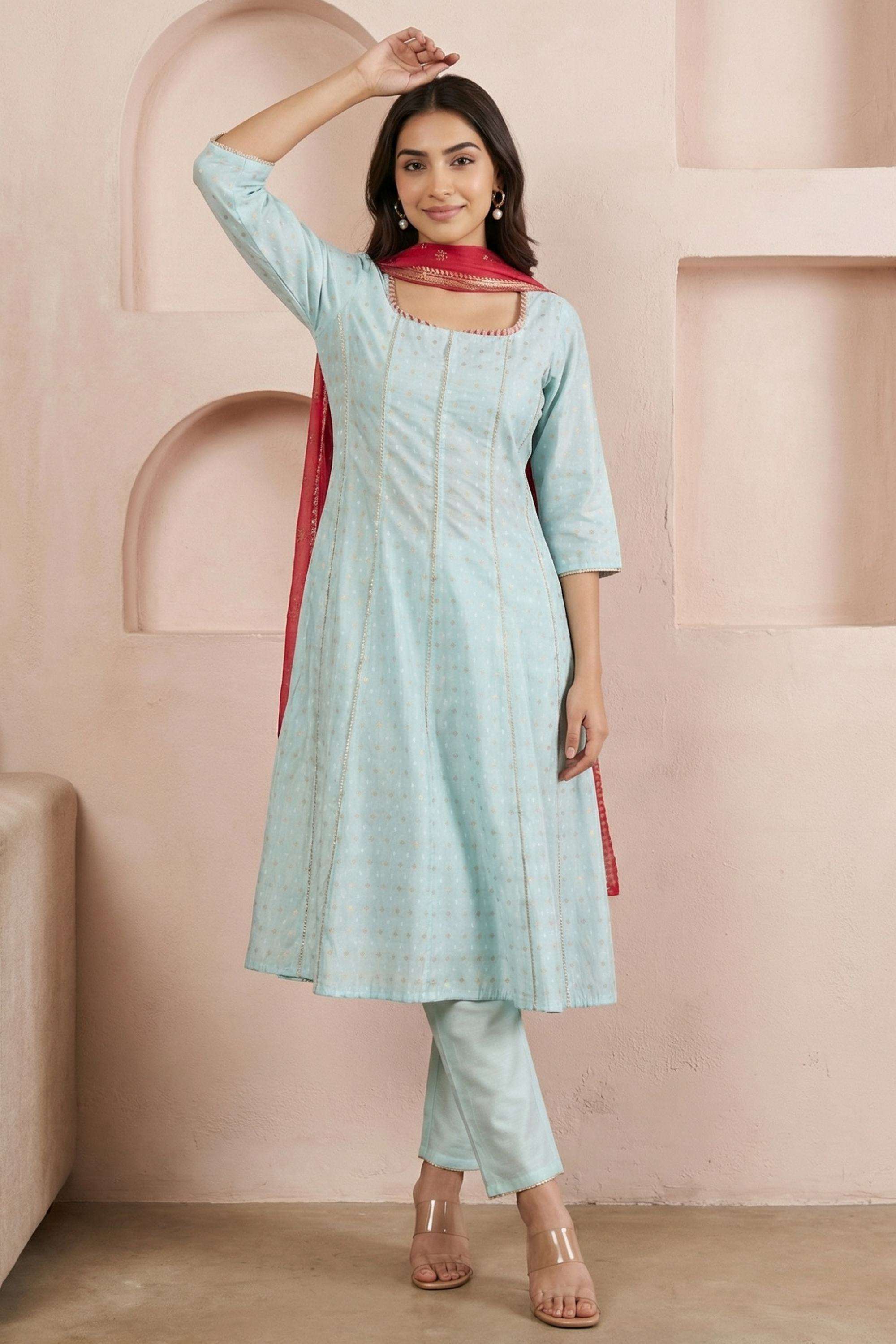 Polka-Dots-Polyester-Square-Neck-Women-s-Festive-Wear-Kurta-Set