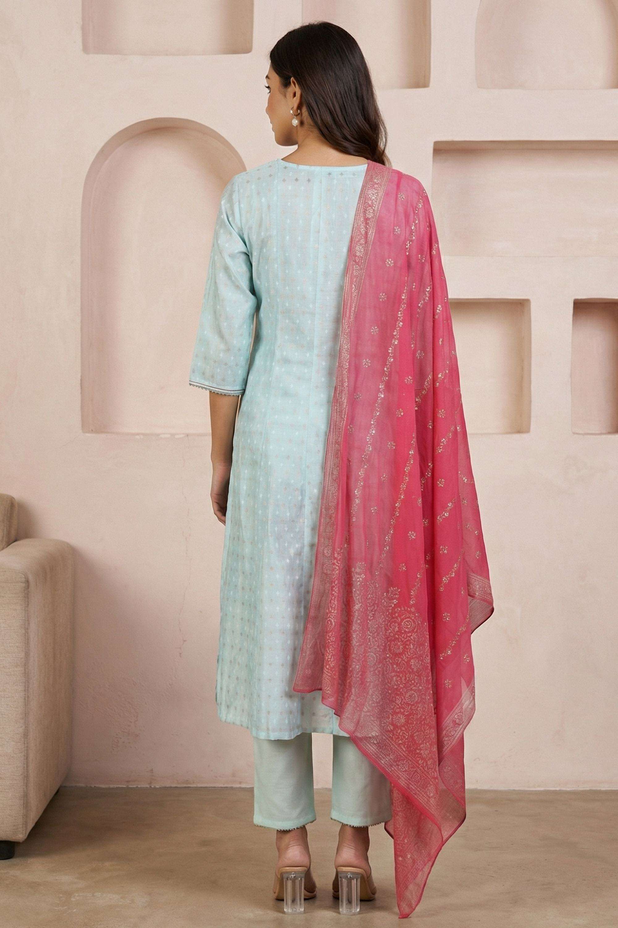 Polka-Dots-Polyester-Square-Neck-Women-s-Festive-Wear-Kurta-Set
