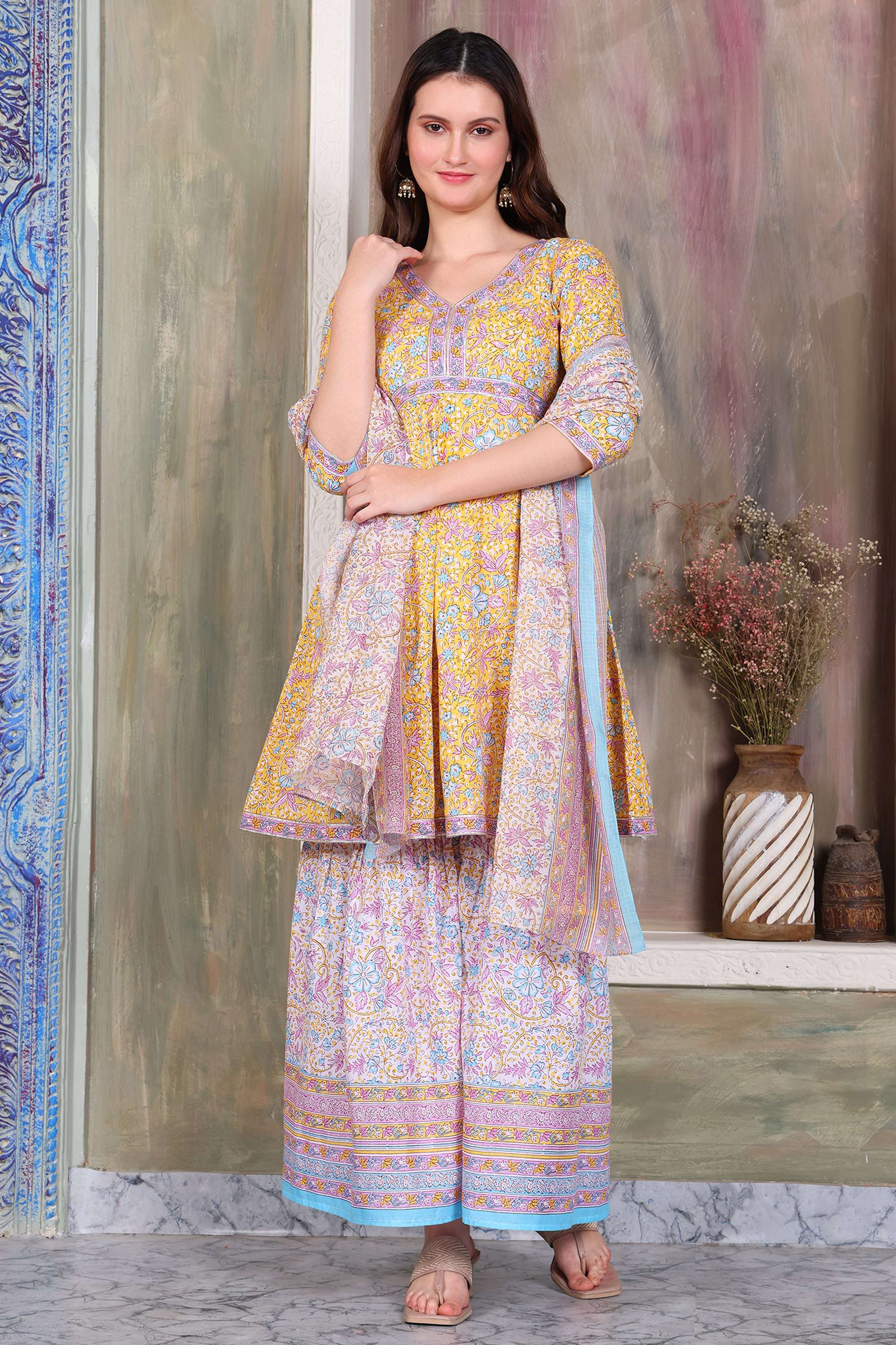 Embroidered-Cotton-Round-Neck-Women-s-Fusion-Wear-Kurta-set