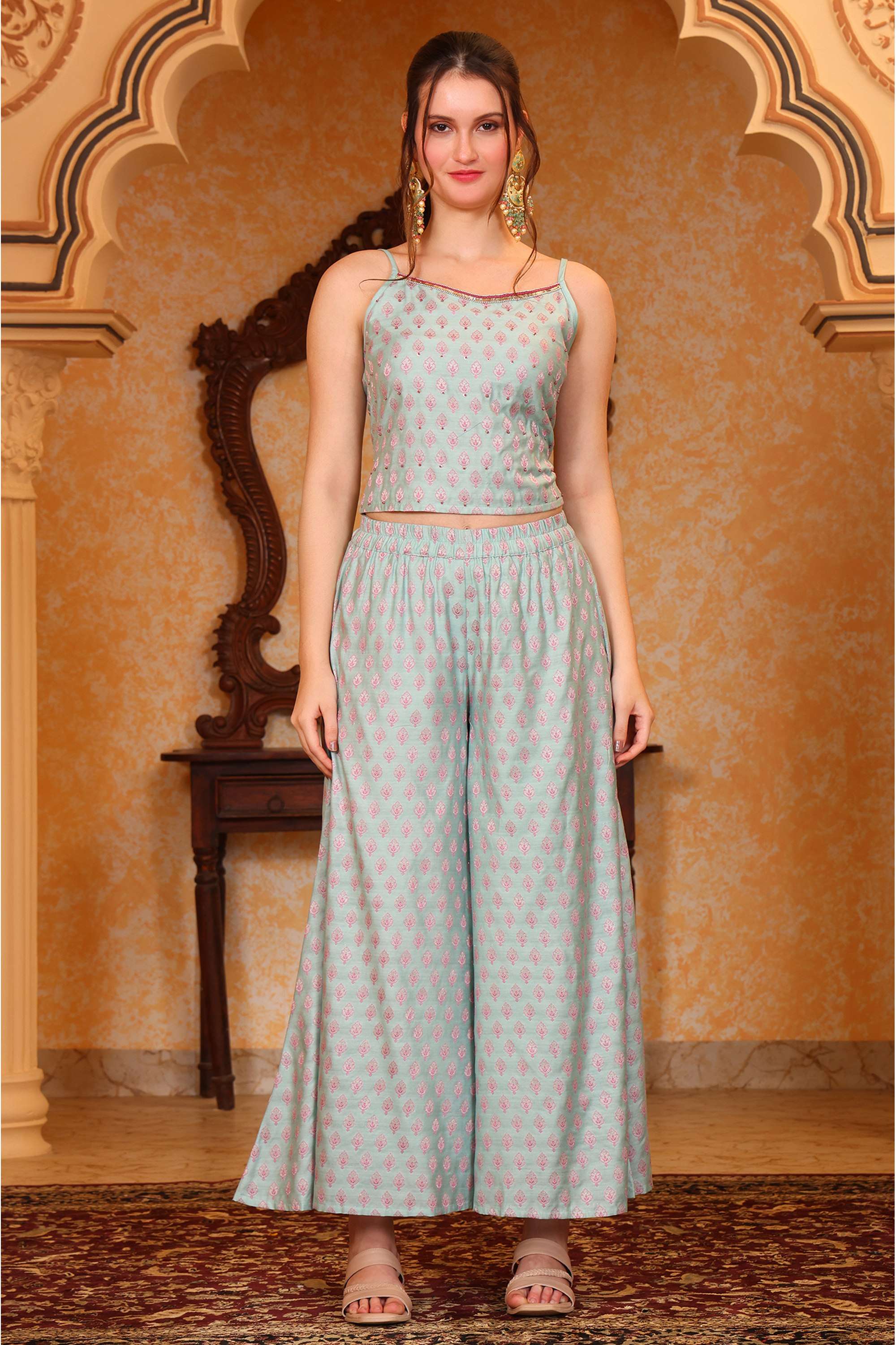 Buy Aurelia blue Printed Round Neck Viscose Women Crop Top with